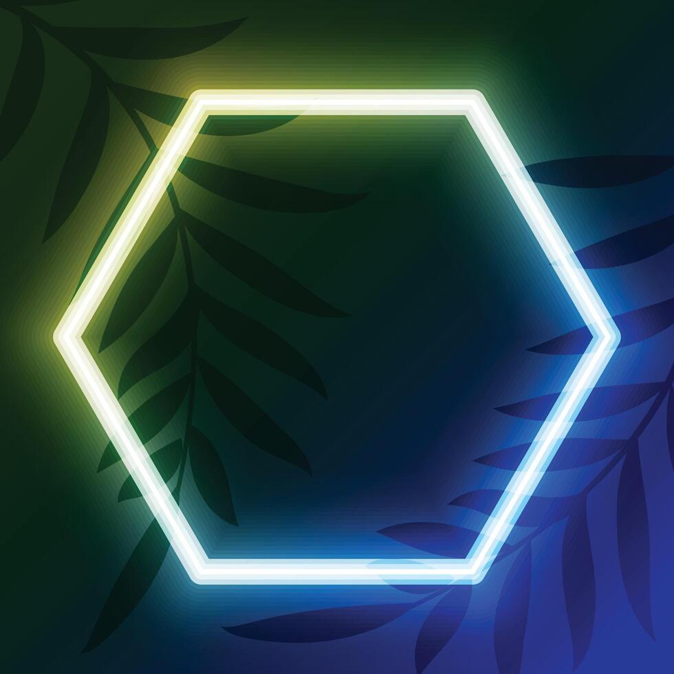leuchtend Hexagon Neon- Laser- Rahmen Hintergrund mit Blätter Design vektor