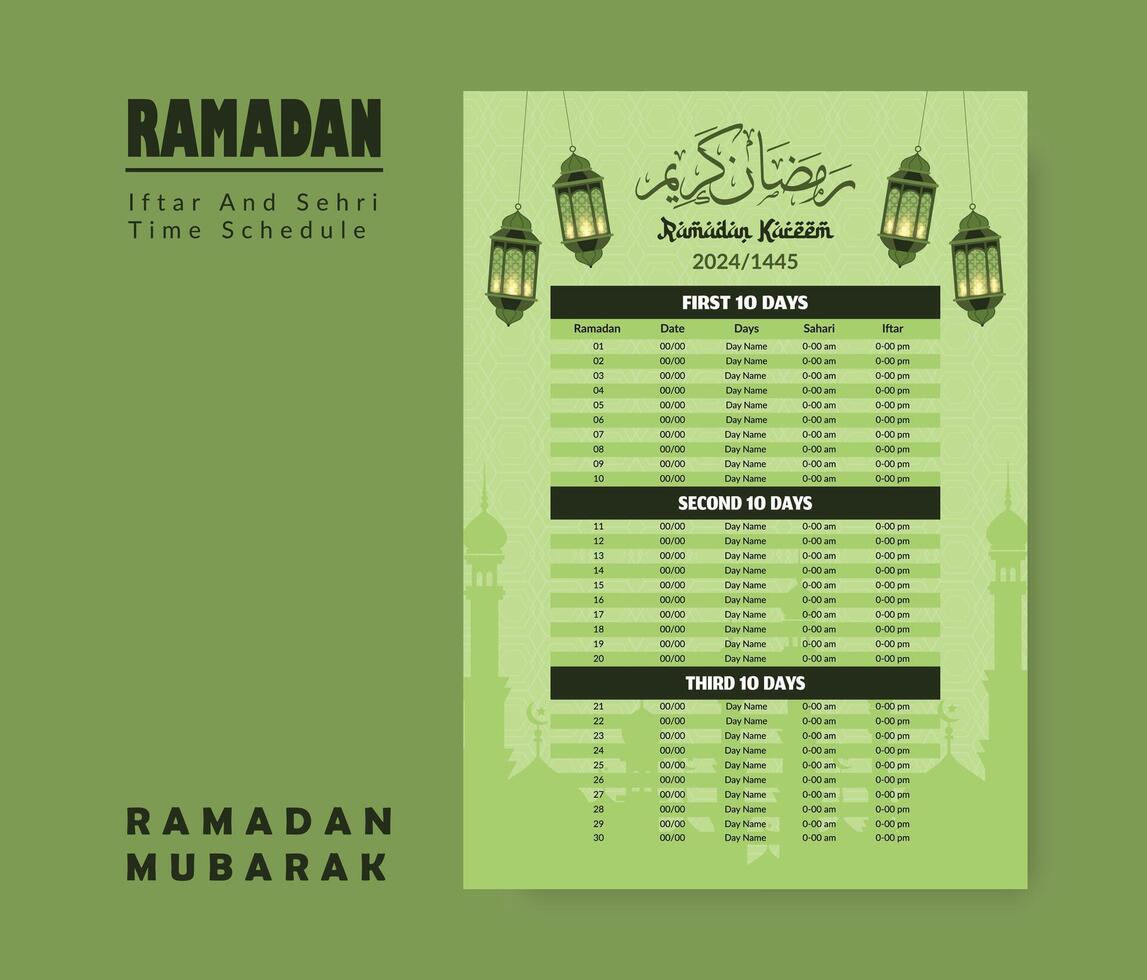 Ramadan Kalender Design Vorlage 2024, Ramadan Zeitplan, imsakia Design zum Ramadan kareem 2024 - - 1445 Gebet mal im Ramadan, islamisch Kalender und sehri ifter Zeit Zeitplan. vektor