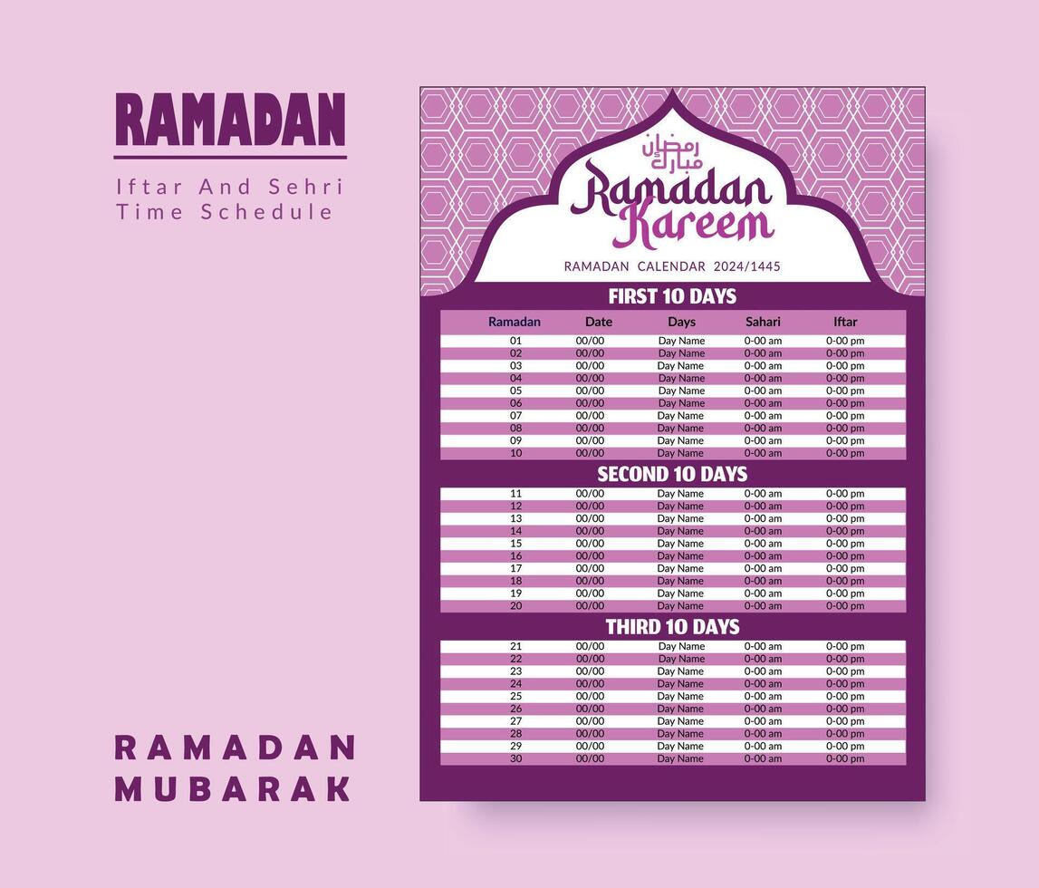 ramadan kalender design mall 2024, ramadan schema, imsakia design för ramadan kareem 2024 - 1445 bön gånger i ramadan, islamic kalender och Sehri ifter tid schema. vektor