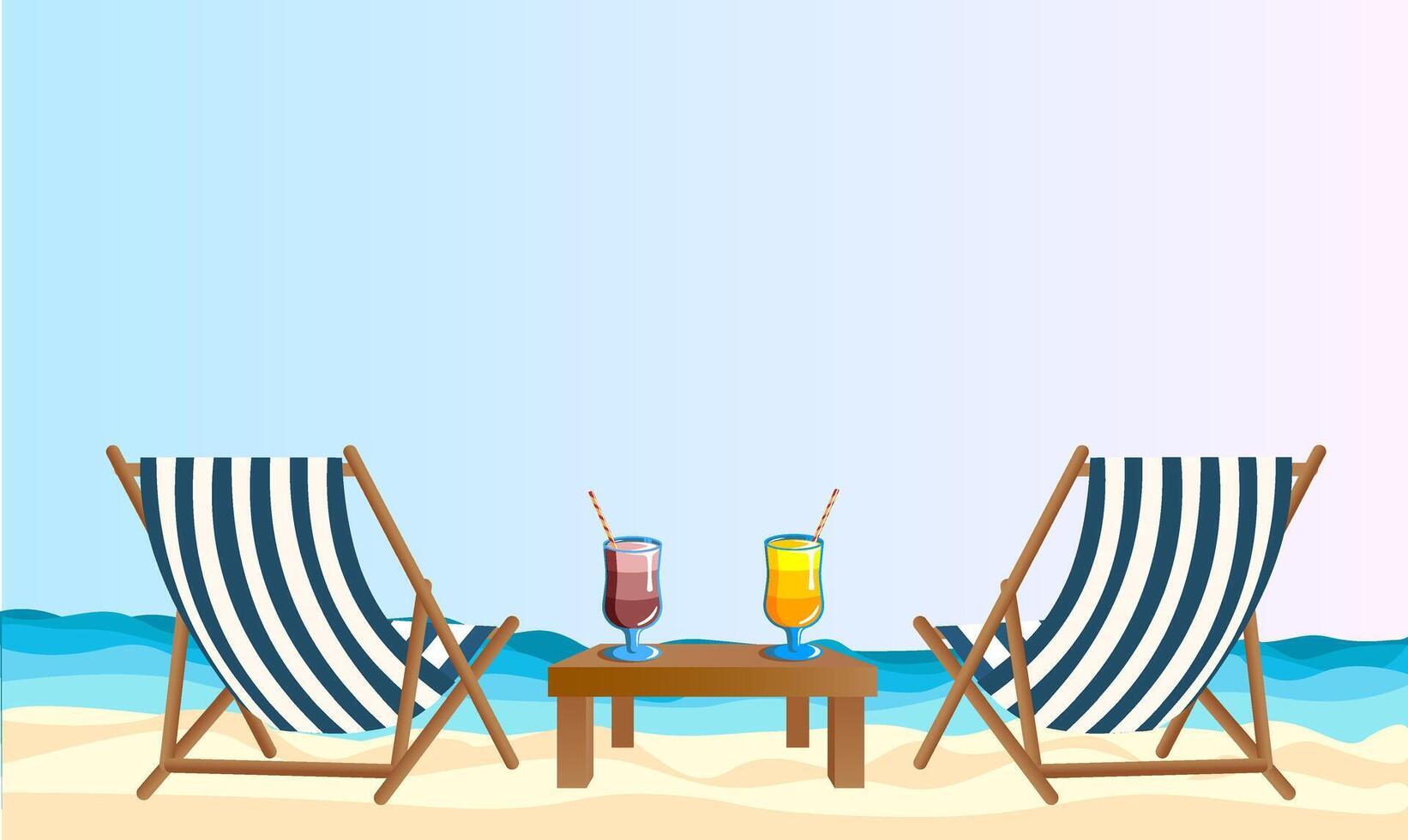 breit Banner. Meer Küste, zwei Deck Stühle Cocktails auf das Strand, Sonne Meer und Sand. Sommer- Ferien im heiß Länder, Strand Feiertage. Banner zum Werbung Touren, reisen, Ferien vektor