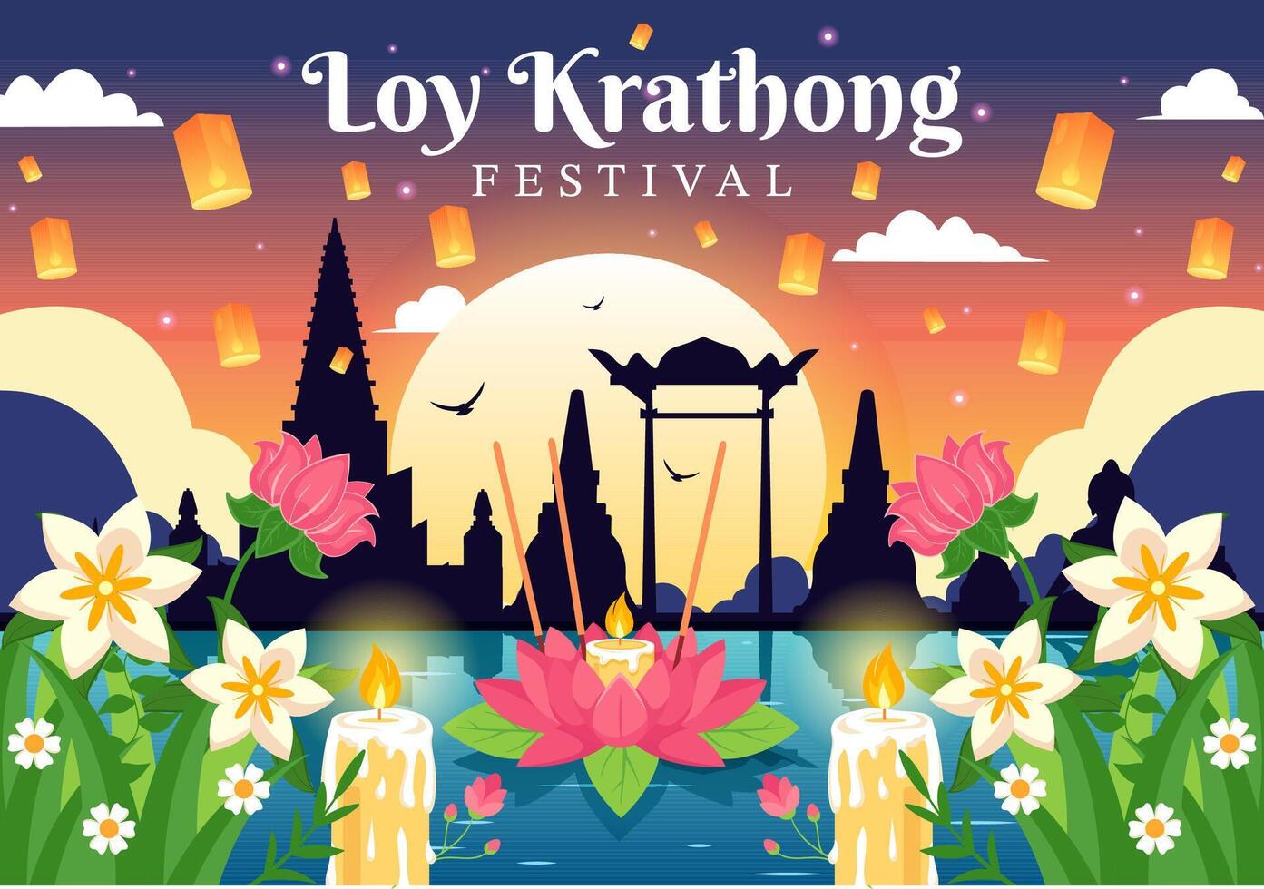 loy krathong vektor illustration av festival firande i thailand med lyktor och krathongs flytande på vatten design i platt tecknad serie bakgrund