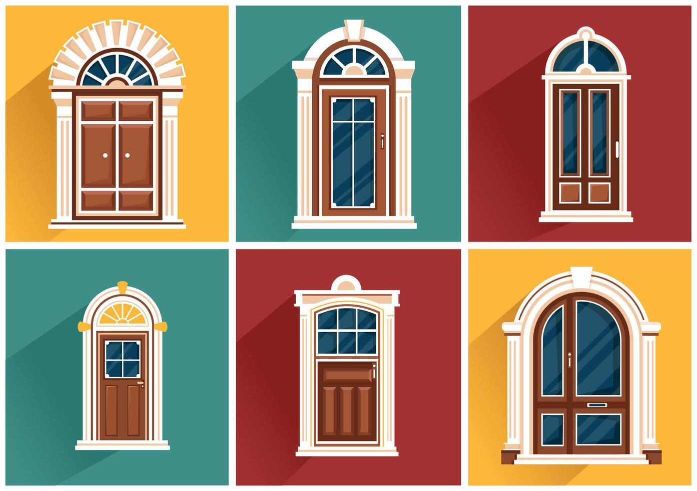 Haus die Architektur Vektor Illustration mit Türen und Fenster verschiedene Formen, Farben und Größen im eben Karikatur Hintergrund