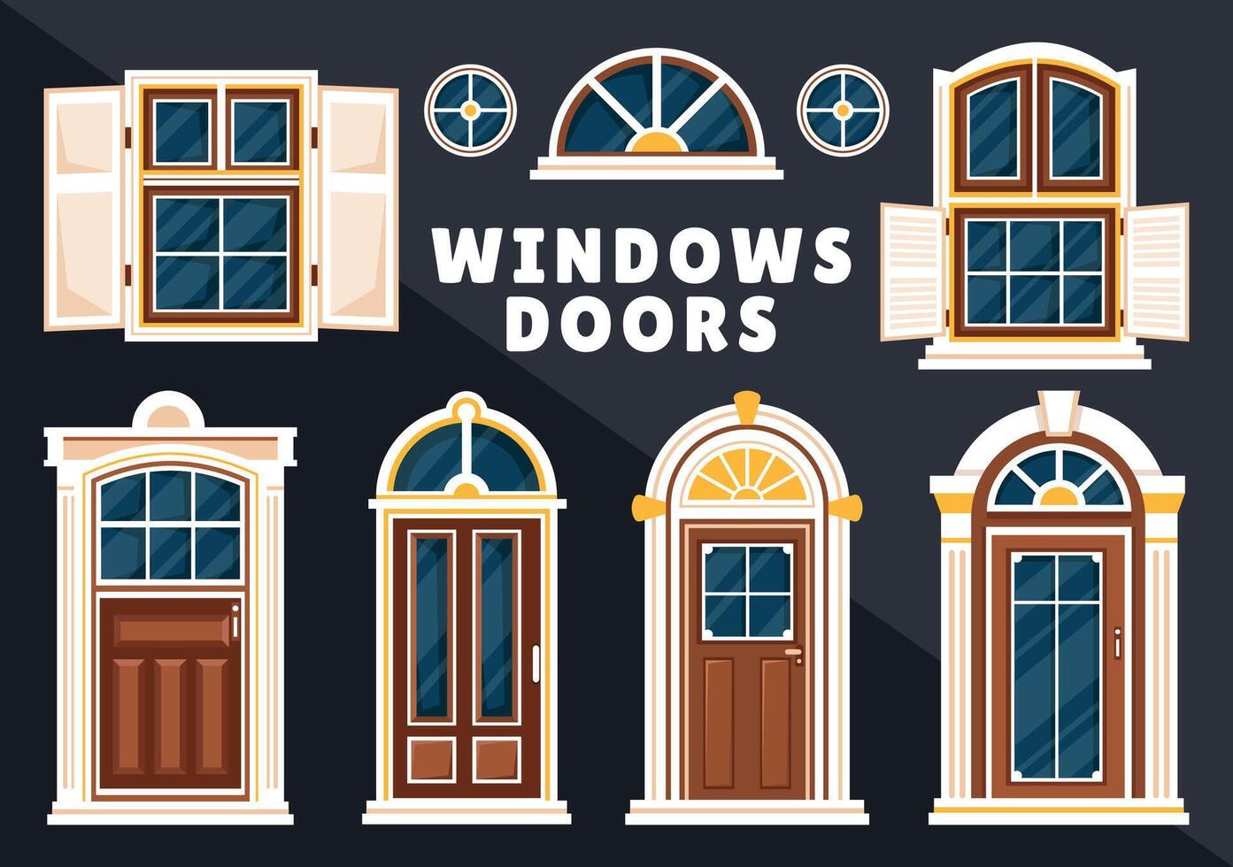 hus arkitektur vektor illustration med dörrar och fönster olika former, färger och storlekar i platt tecknad serie bakgrund