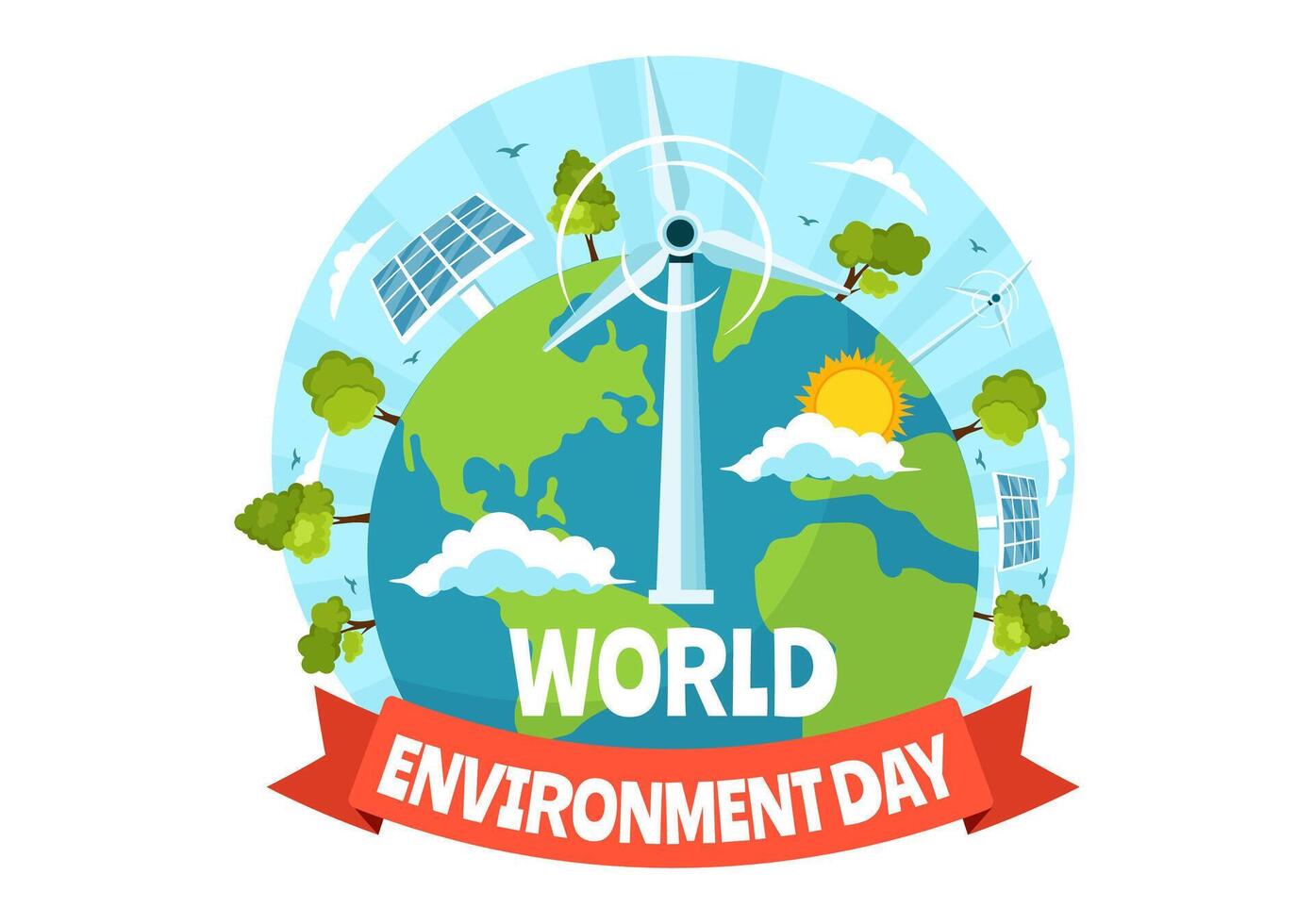 värld miljö dag vektor illustration med grön träd och djur i skog för spara de planet eller tar vård av de jord i platt bakgrund
