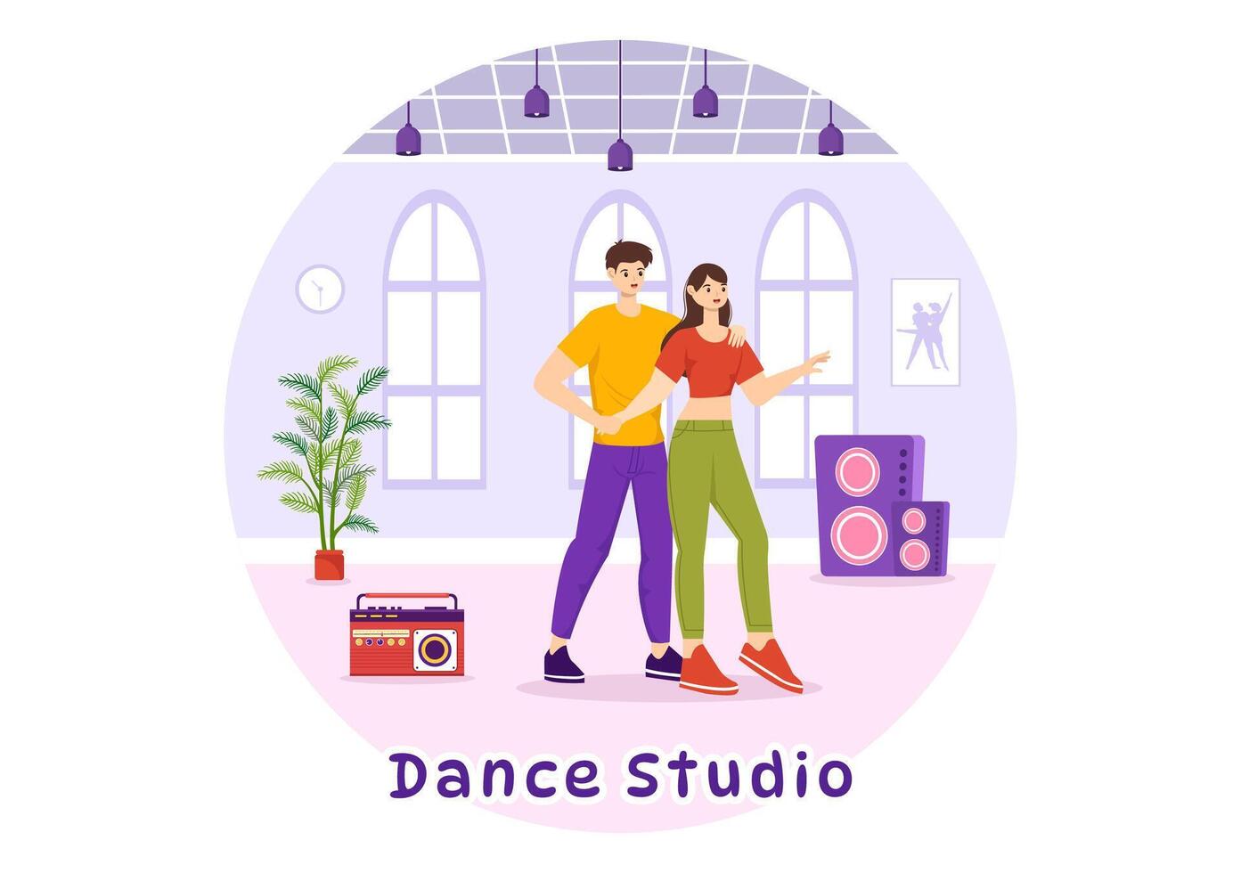 dansa studio vektor illustration med dans par utför åtföljs förbi musik i platt tecknad serie bakgrund design