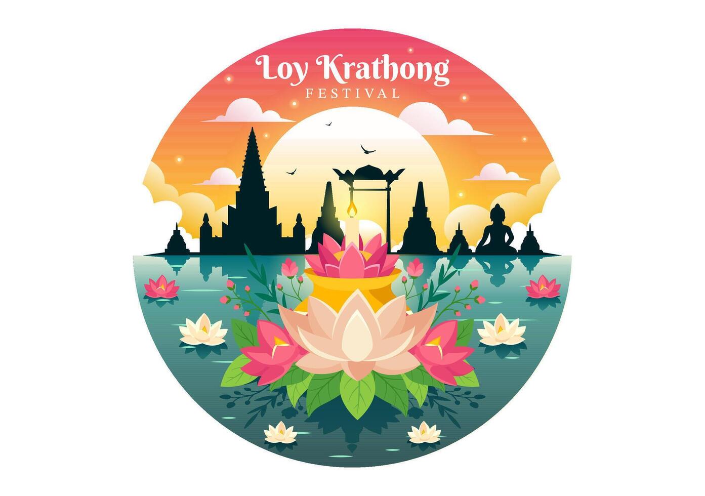 loy Krathong Vektor Illustration von Festival Feier im Thailand mit Laternen und Krathongs schwebend auf Wasser Design im eben Karikatur Hintergrund