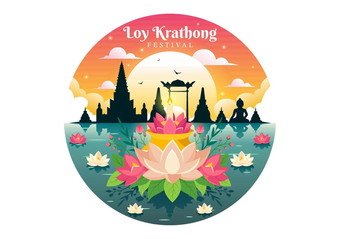loy krathong vektor illustration av festival firande i thailand med lyktor och krathongs flytande på vatten design i platt tecknad serie bakgrund