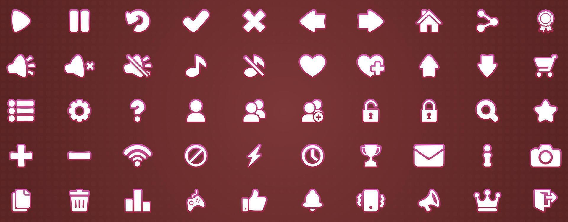 50 rosa ikoner vektor uppsättning spela inställningar paus annullera meny Försök igen ljud musik affär Nästa tillbaka leader hjärta ner låsa upp bricka post underrättelse stänga utgång för byggnad 2d spel på mobil och webb.