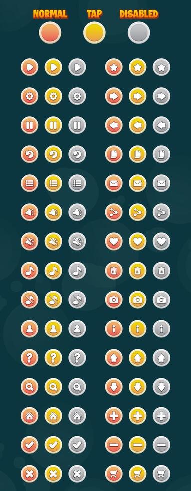 stor uppsättning av runda knappar i tecknad serie stil med 3d effekt för spel ui. runda knapp med tre visningar vanligt, knacka, Inaktiverad. Allt filer är grupperade och väl organiserad. vektor