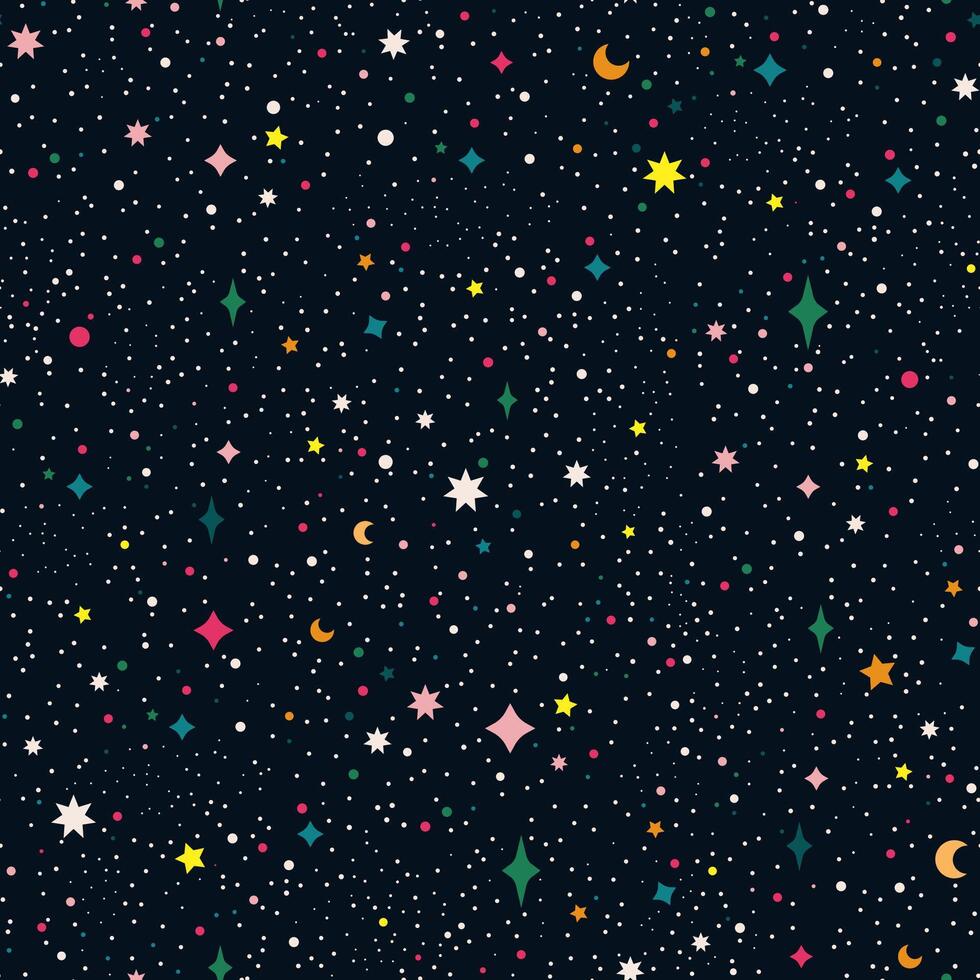 eben Star Nacht Himmel nahtlos Muster. bunt Kosmos Muster mit Sterne. wiederholen Raum Muster. dunkel Himmel mit bunt Sterne. Vektor Illustration.
