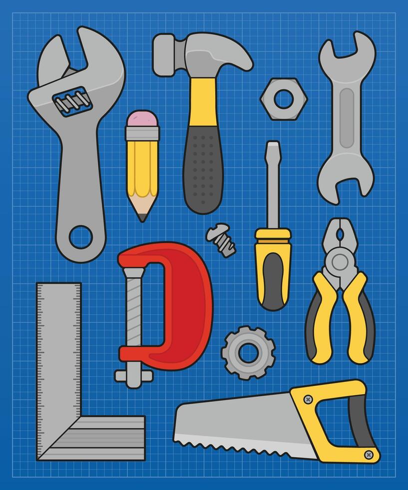 tecknad serie toolkit vektor illustration uppsättning.