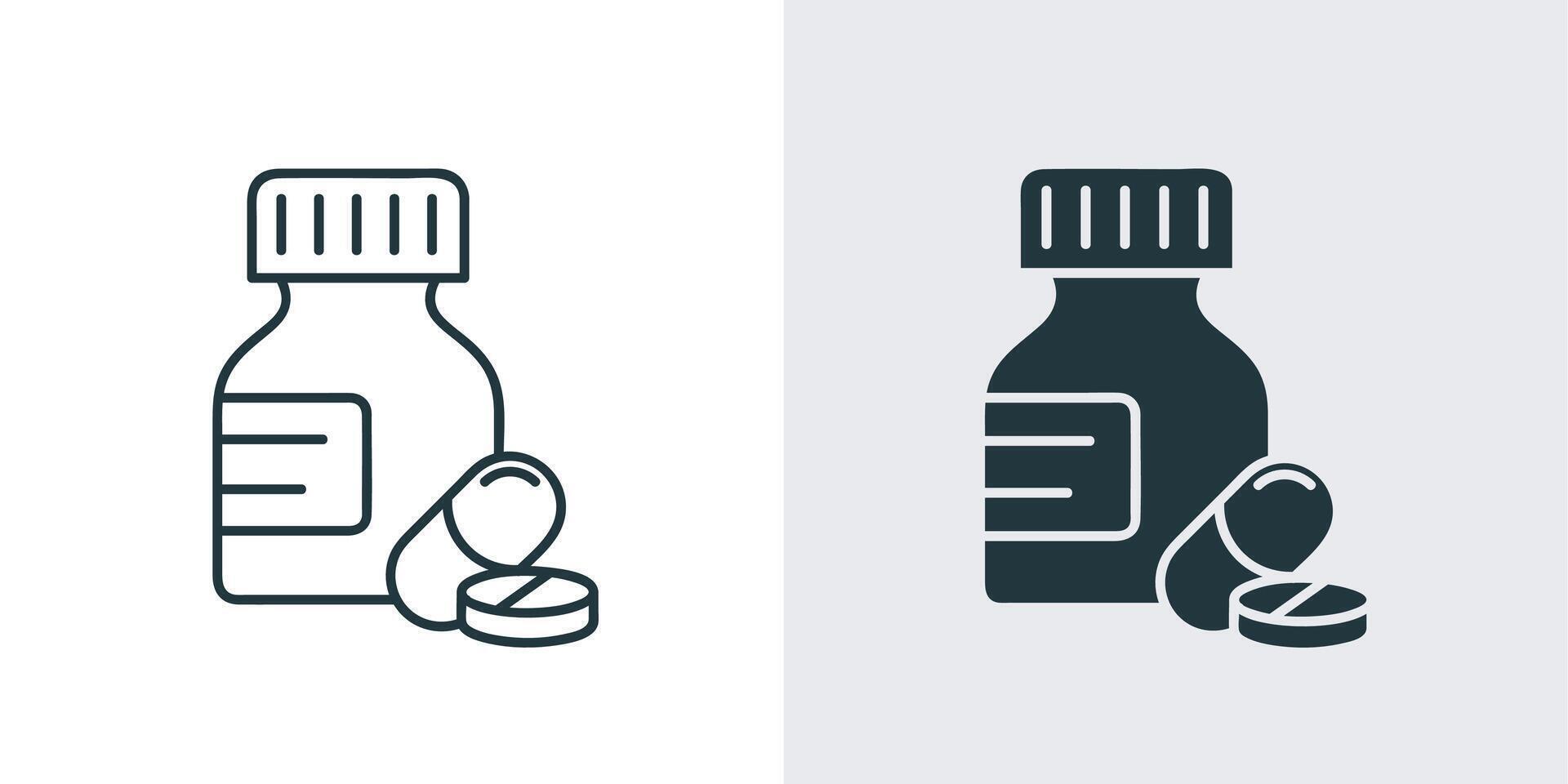 medicin flaska och kapsel linje och fast ikon. multivitamin, smärtstillande medel, kapsel dos, piktogram för sjukvård vektor illustration