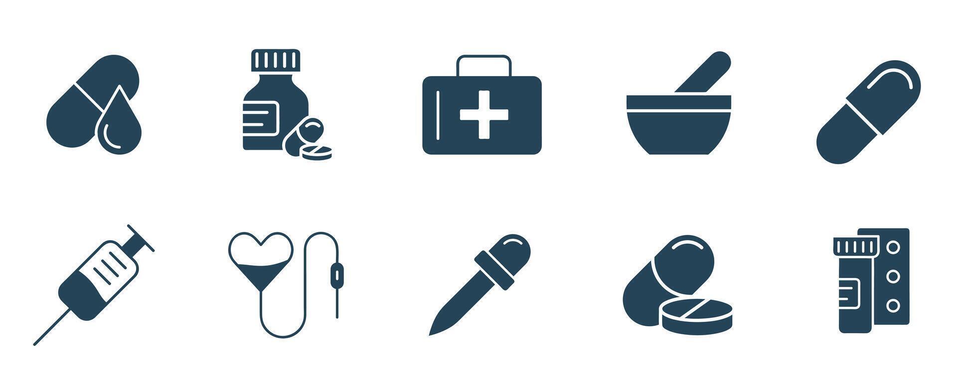 Gesundheitswesen Ausrüstung medizinisch Symbol Vektor. Symbole eine solche wie Pillen, Tablette, Schmerz, Schmerzmittel, Aspirin, Gesundheit, Medizin Illustration vektor