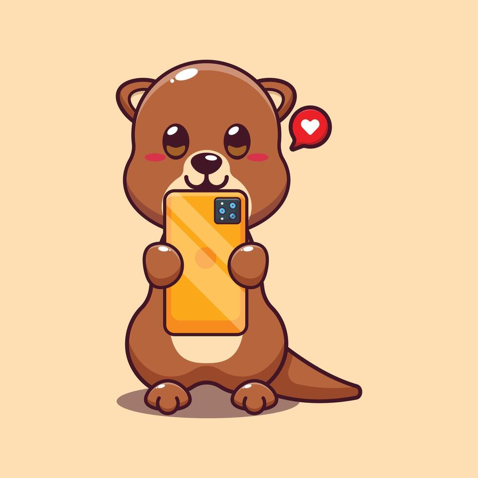 süß Otter mit Telefon Karikatur Vektor Illustration.