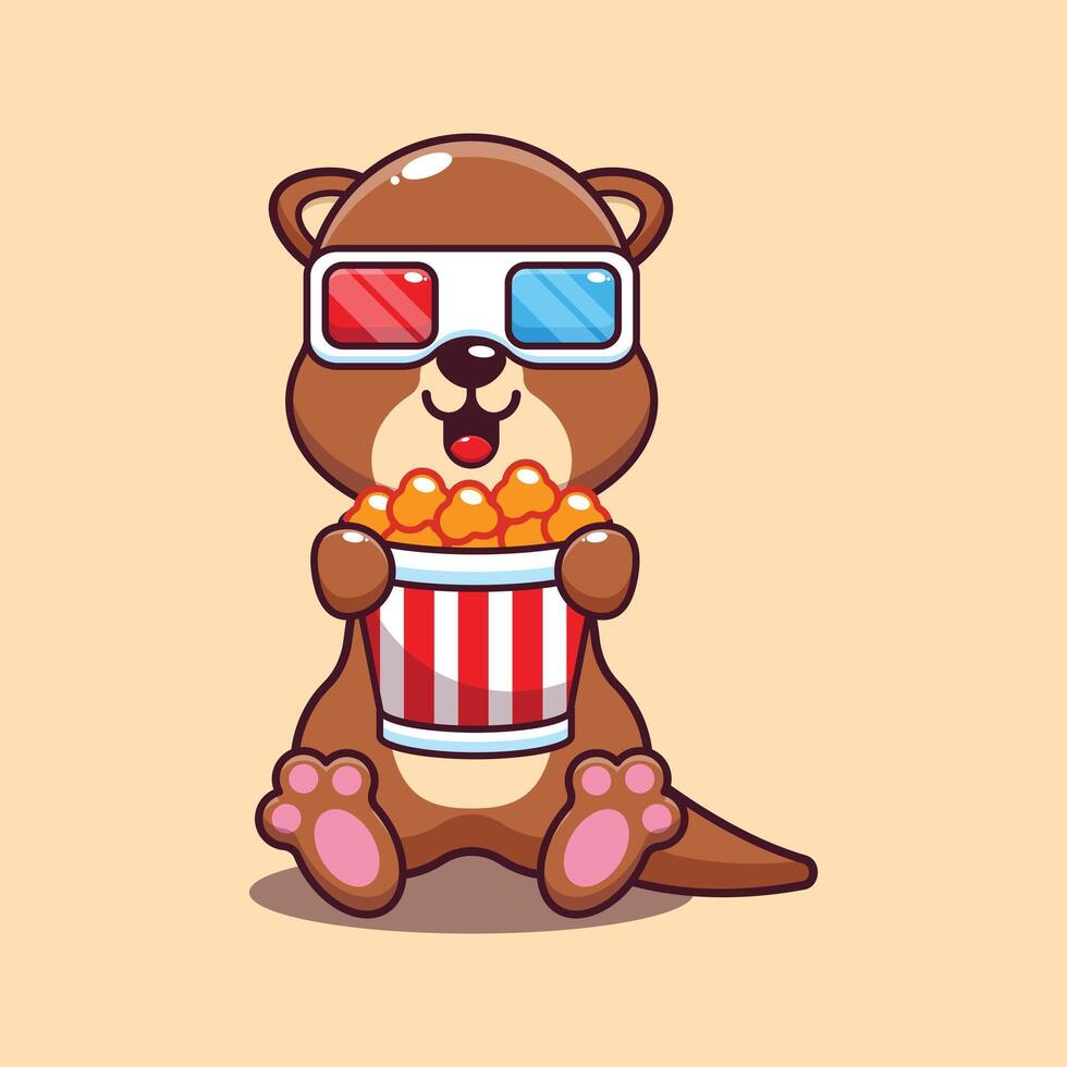 süß Otter Essen Popcorn und Uhr 3d Film Karikatur Vektor Illustration.