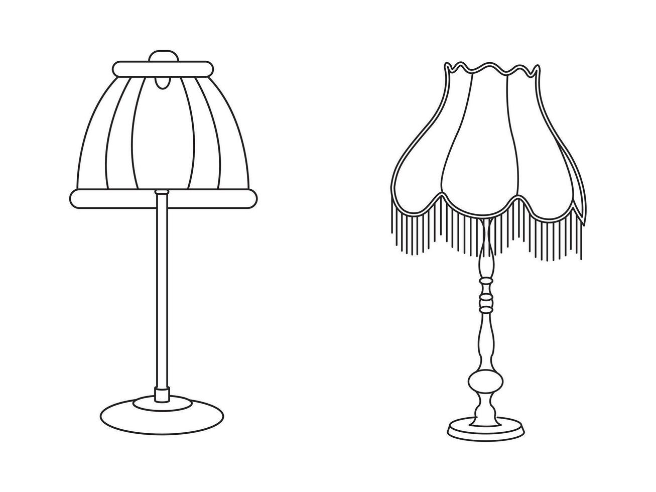 eleganta lampa, modern lampa interiör i sovrum, elektrisk tabell, golv lampor, lampskärmar, annorlunda interiör ljus dekor stående och hängande. vektor