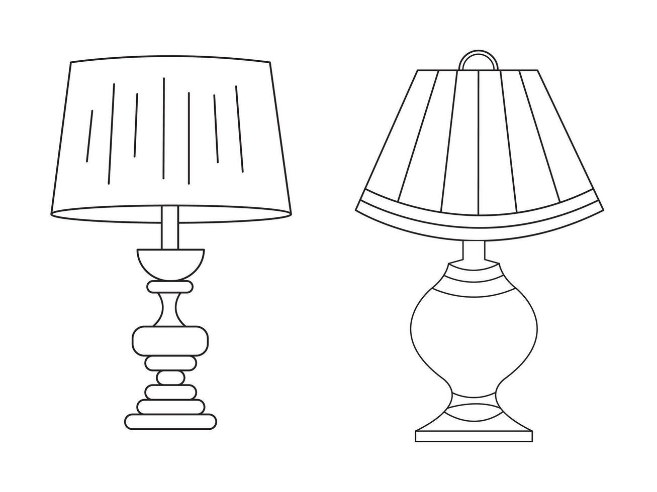 eleganta lampa, modern lampa interiör i sovrum, elektrisk tabell, golv lampor, lampskärmar, annorlunda interiör ljus dekor stående och hängande. vektor