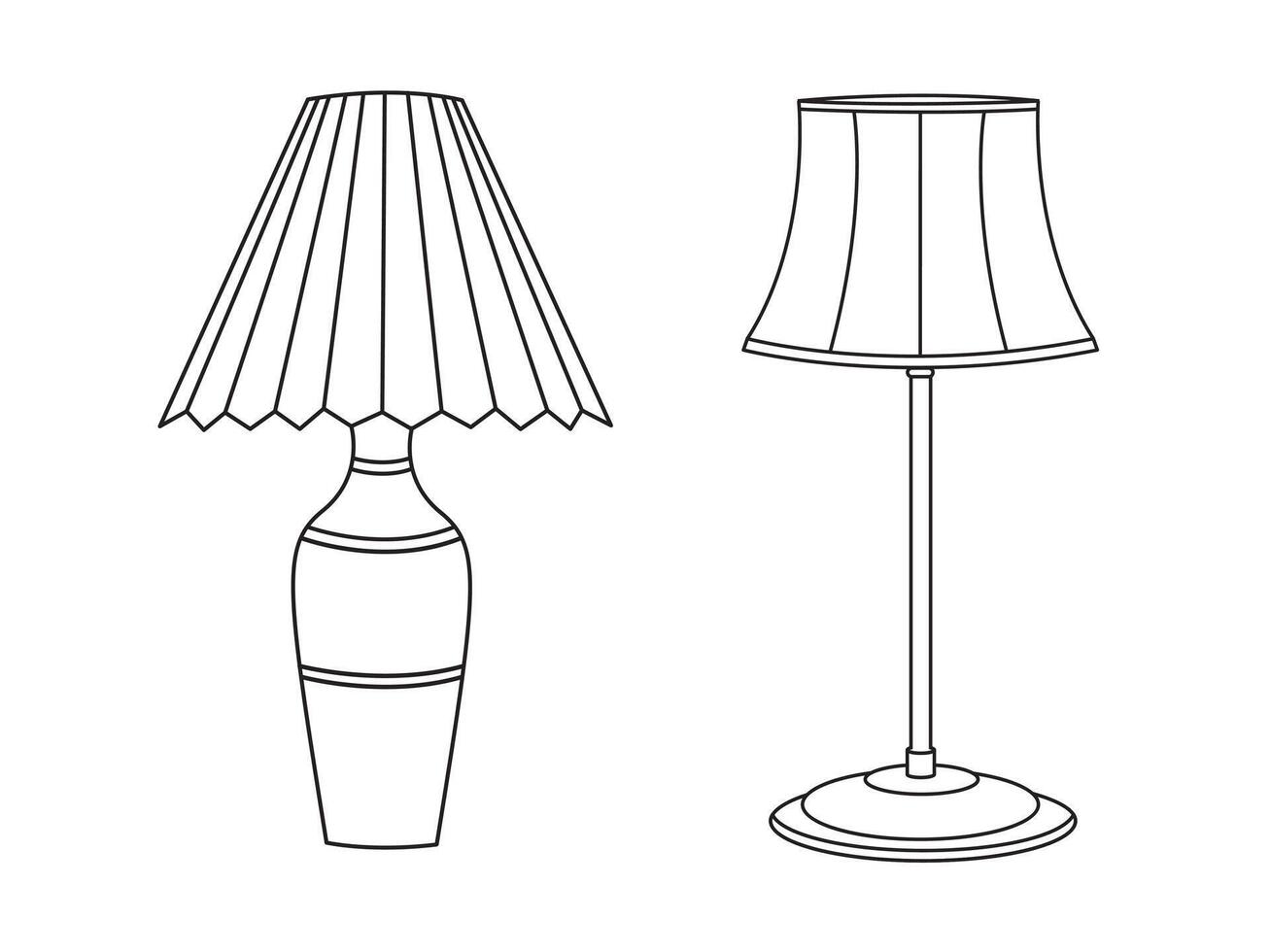 eleganta lampa, modern lampa interiör i sovrum, elektrisk tabell, golv lampor, lampskärmar, annorlunda interiör ljus dekor stående och hängande. vektor
