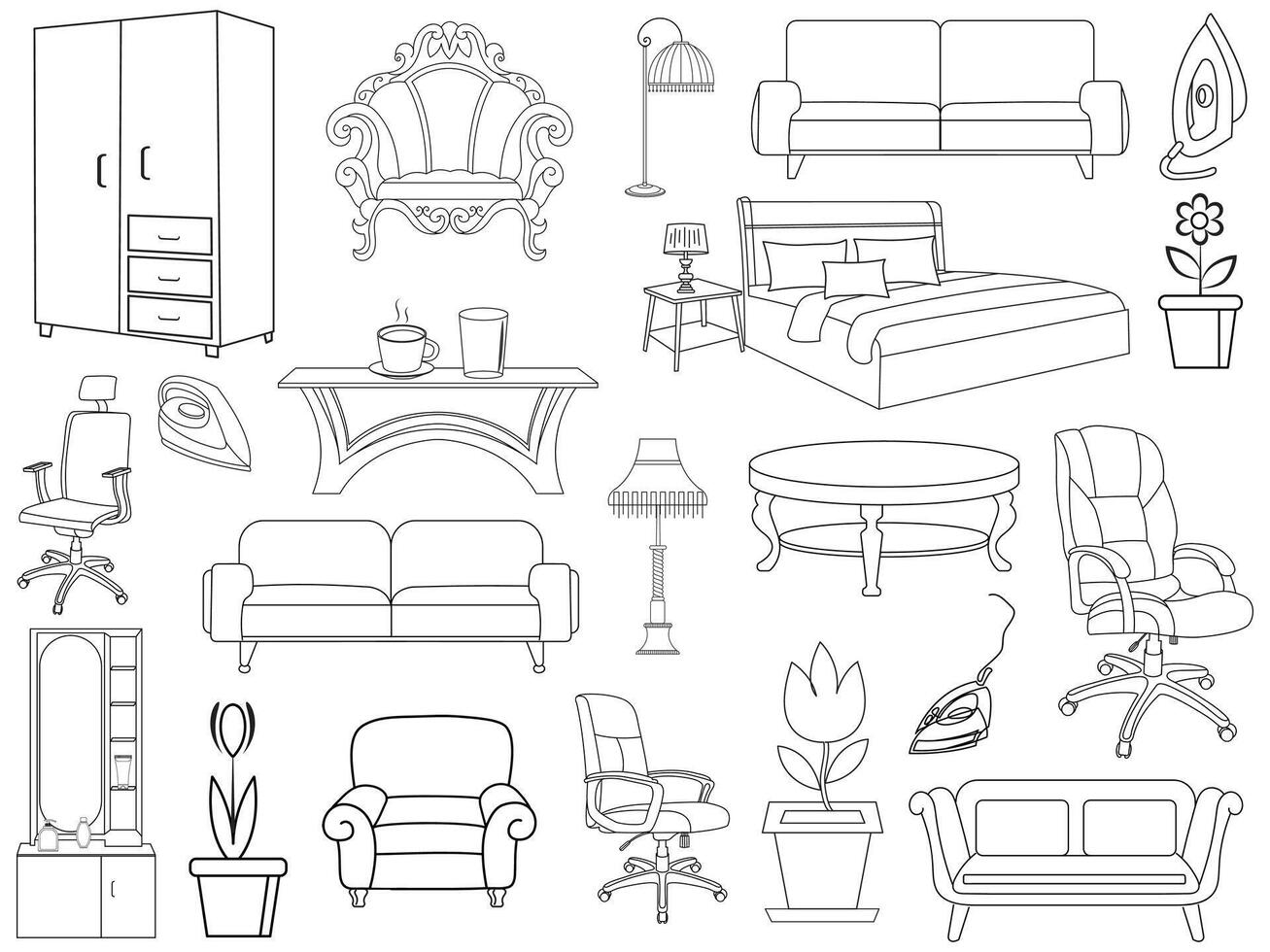 Sammlung von elegant modern Möbel und Zuhause Innere Dekorationen von modisch. Küche, Schlafzimmer, Sofa Tisch, Bücherregal Kleiderschrank, Stuhl, Matratze, Lampen, Möbel Vektor Illustration Satz.