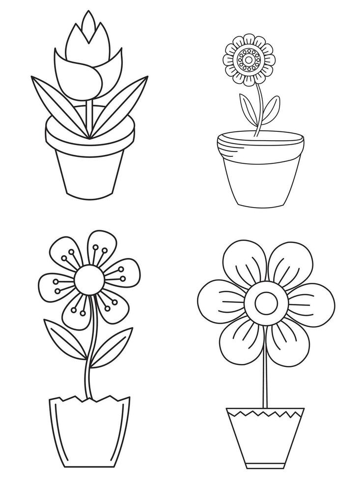 blommor och krukor, interiör design, skön blommor växter, växt översikt teckning vektor uppsättning, suckulenter i krukor. blommor i en pott.