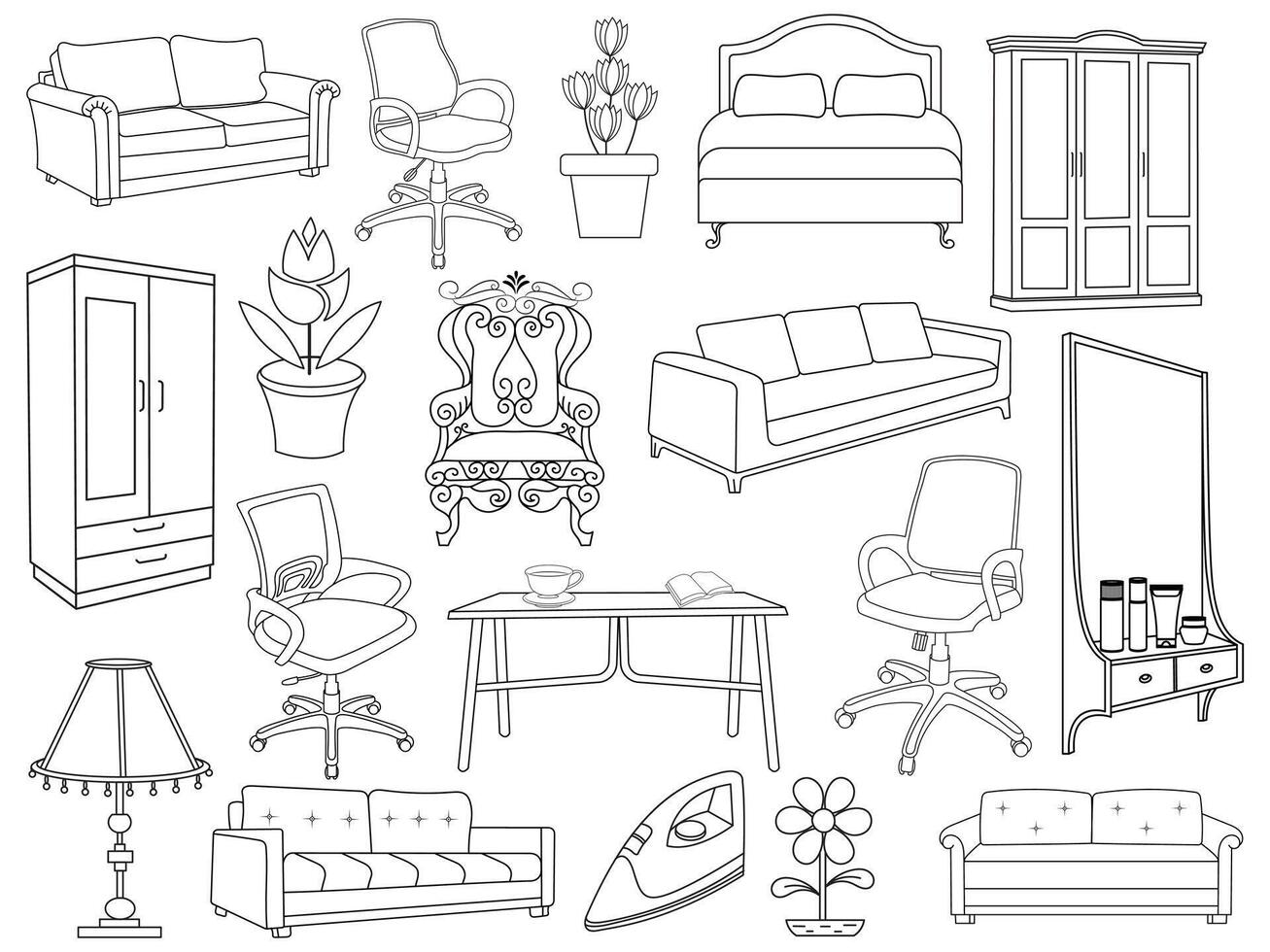 Sammlung von elegant modern Möbel und Zuhause Innere Dekorationen von modisch. Küche, Schlafzimmer, Sofa Tisch, Bücherregal Kleiderschrank, Stuhl, Matratze, Lampen, Möbel Vektor Illustration Satz.