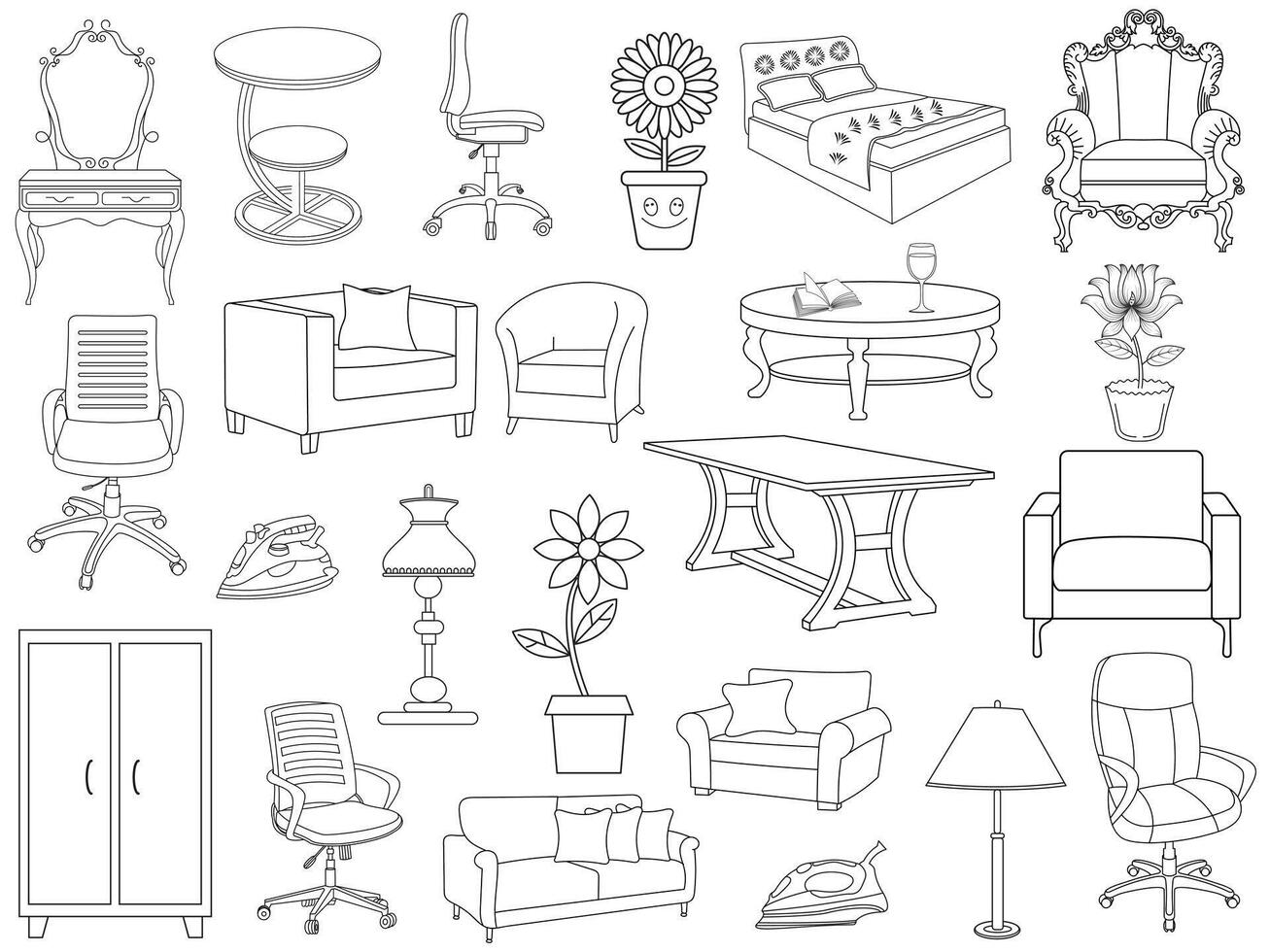 Sammlung von elegant modern Möbel und Zuhause Innere Dekorationen von modisch. Küche, Schlafzimmer, Sofa Tisch, Bücherregal Kleiderschrank, Stuhl, Matratze, Lampen, Möbel Vektor Illustration Satz.