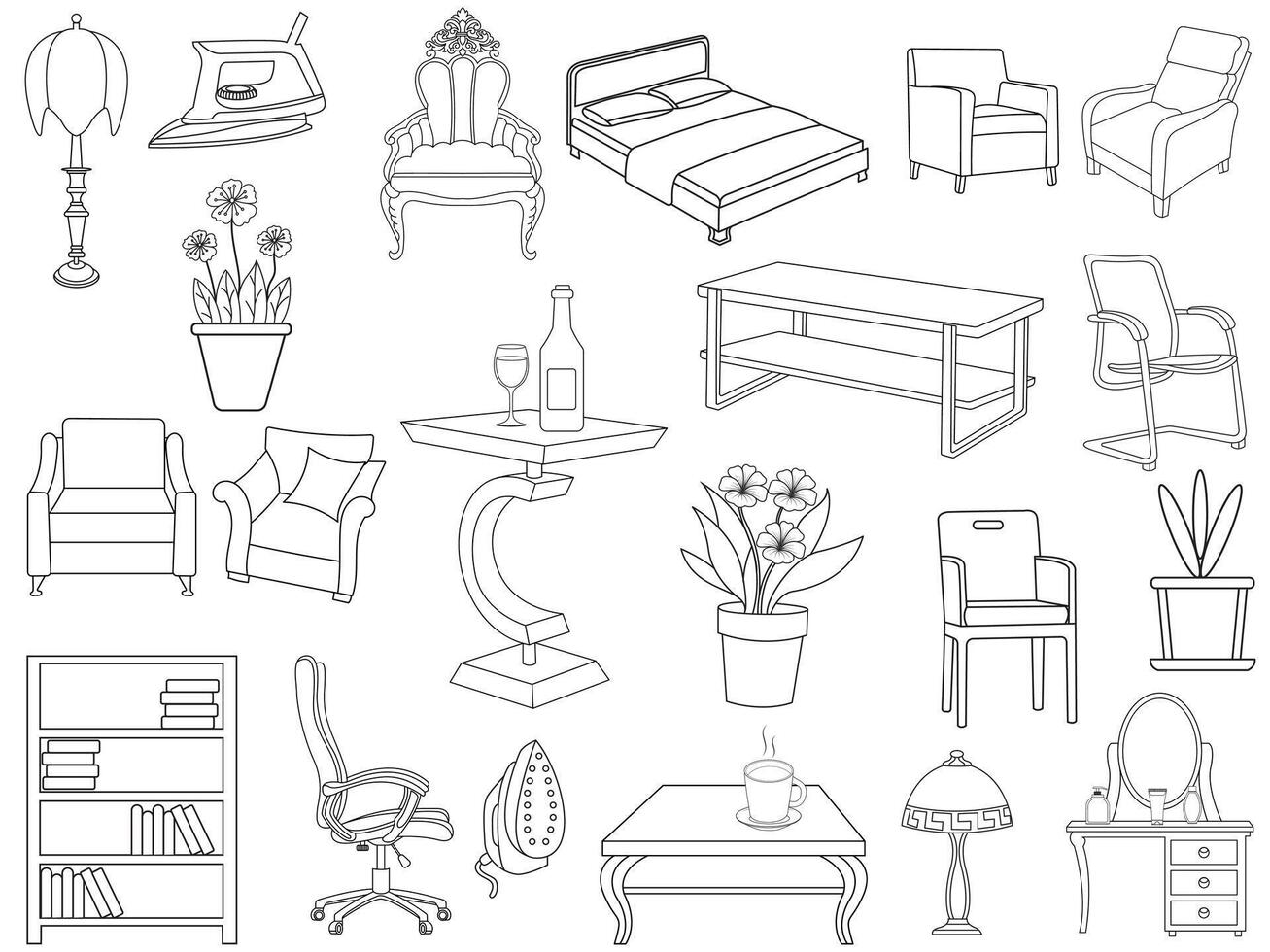 Sammlung von elegant modern Möbel und Zuhause Innere Dekorationen von modisch. Küche, Schlafzimmer, Sofa Tisch, Bücherregal Kleiderschrank, Stuhl, Matratze, Lampen, Möbel Vektor Illustration Satz.