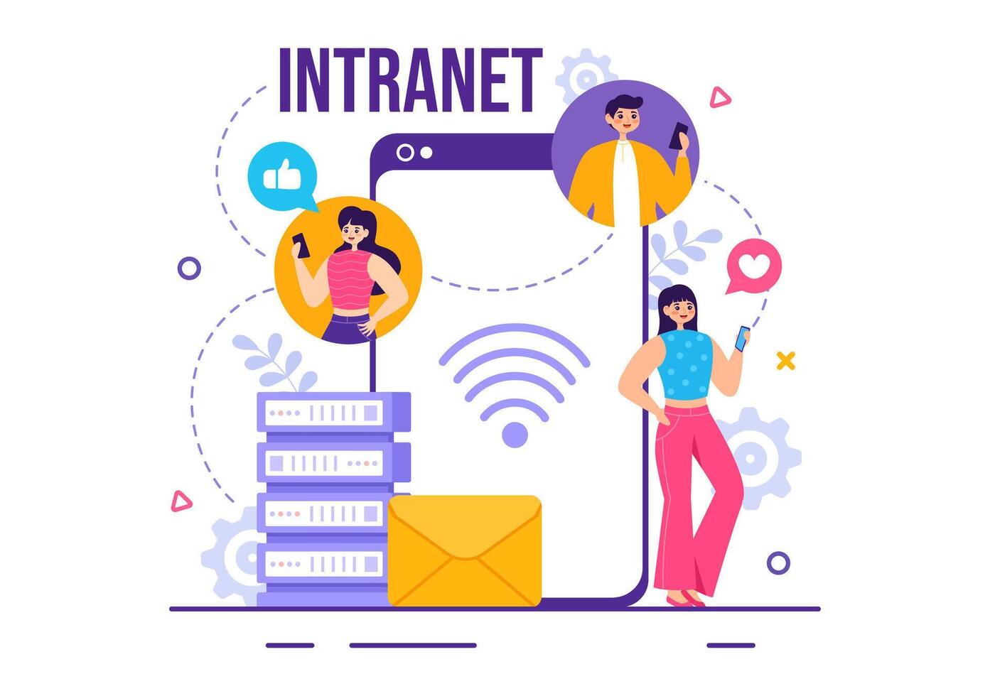 intranät internet nätverk förbindelse teknologi vektor illustration till dela med sig konfidentiell företag information och hemsida i platt tecknad serie bakgrund