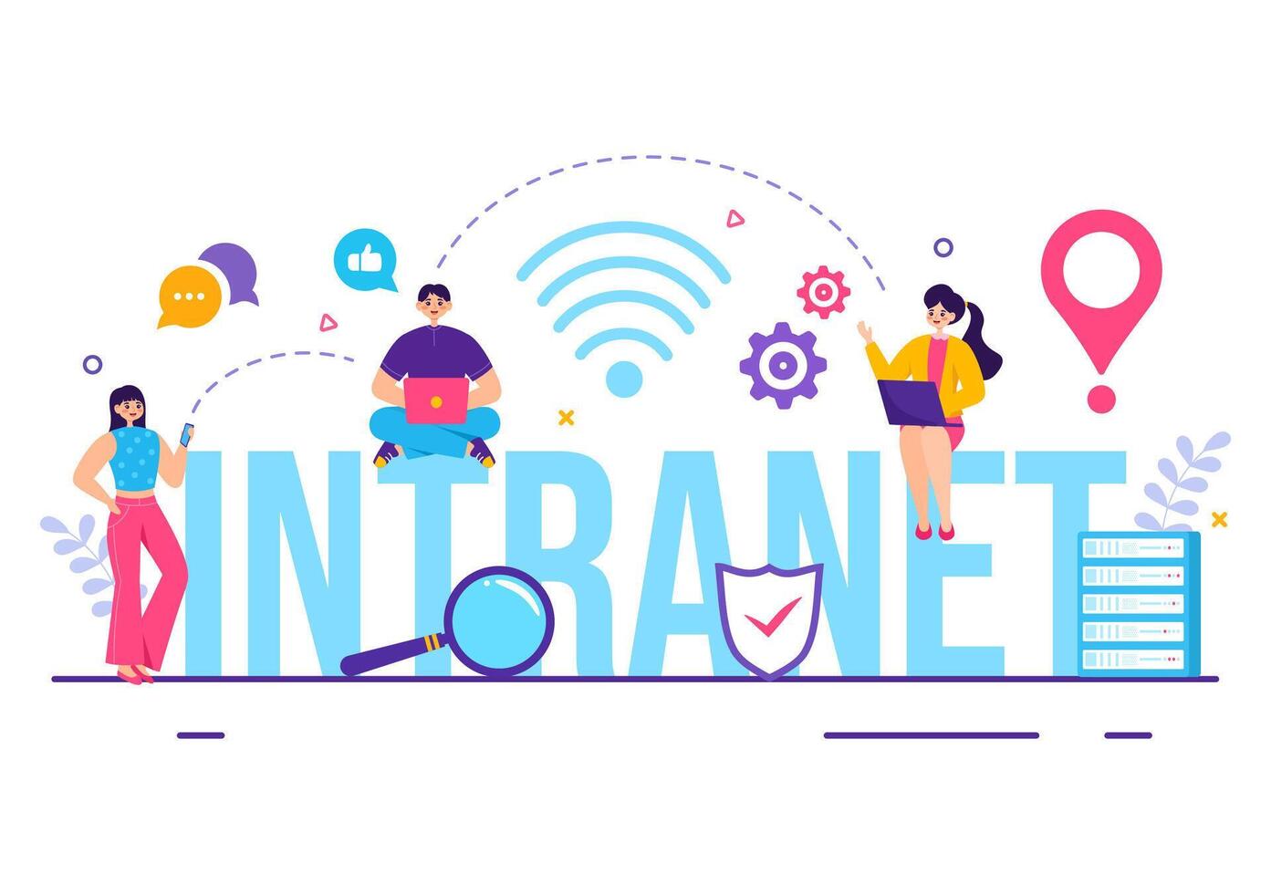 intranät internet nätverk förbindelse teknologi vektor illustration till dela med sig konfidentiell företag information och hemsida i platt tecknad serie bakgrund