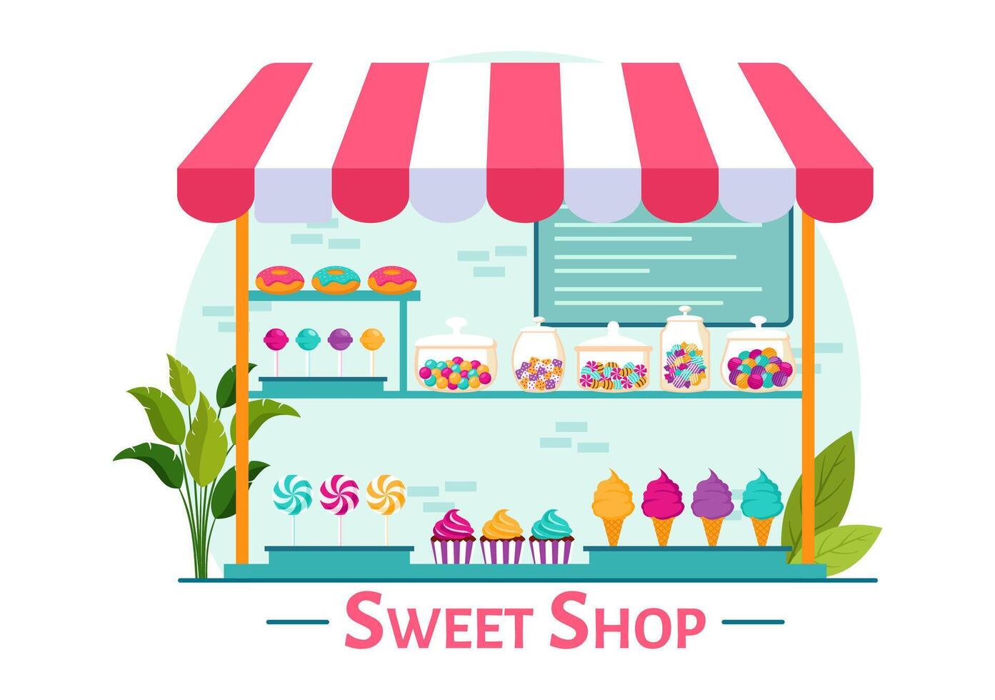 Süss Geschäft Vektor Illustration mit Verkauf verschiedene Bäckerei Produkte, Cupcake, Kuchen, Gebäck oder Süßigkeiten im eben Karikatur Hintergrund Design