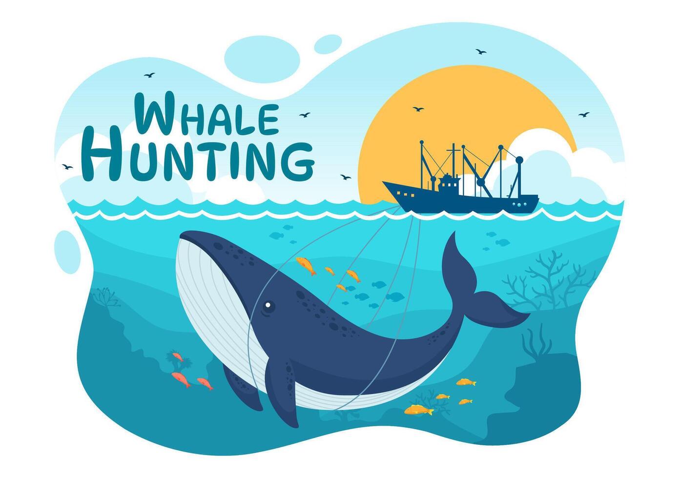 Wal Jagd Vektor Illustration mit das Aktivität von Jagd Wale zu erhalten Produkte Das Menschen können verwenden durch illegal im eben Karikatur Hintergrund
