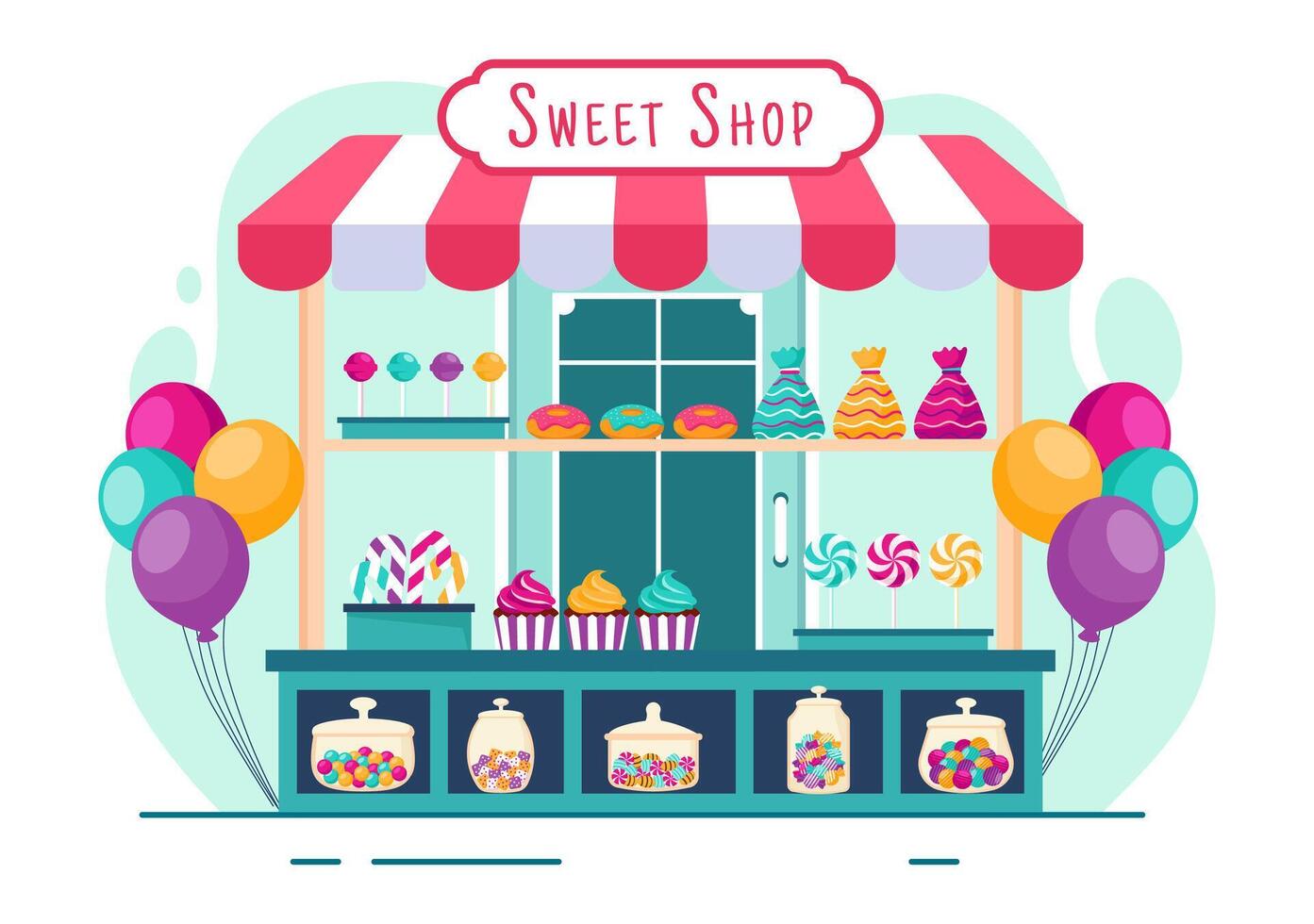 Süss Geschäft Vektor Illustration mit Verkauf verschiedene Bäckerei Produkte, Cupcake, Kuchen, Gebäck oder Süßigkeiten im eben Karikatur Hintergrund Design