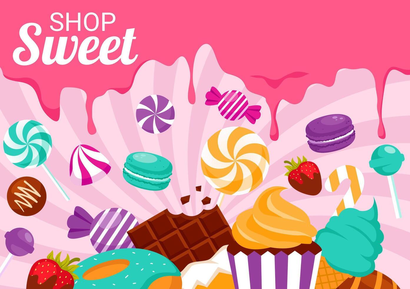 ljuv affär vektor illustration med försäljning olika bageri Produkter, cupcake, kaka, bakverk eller godis i platt tecknad serie bakgrund design