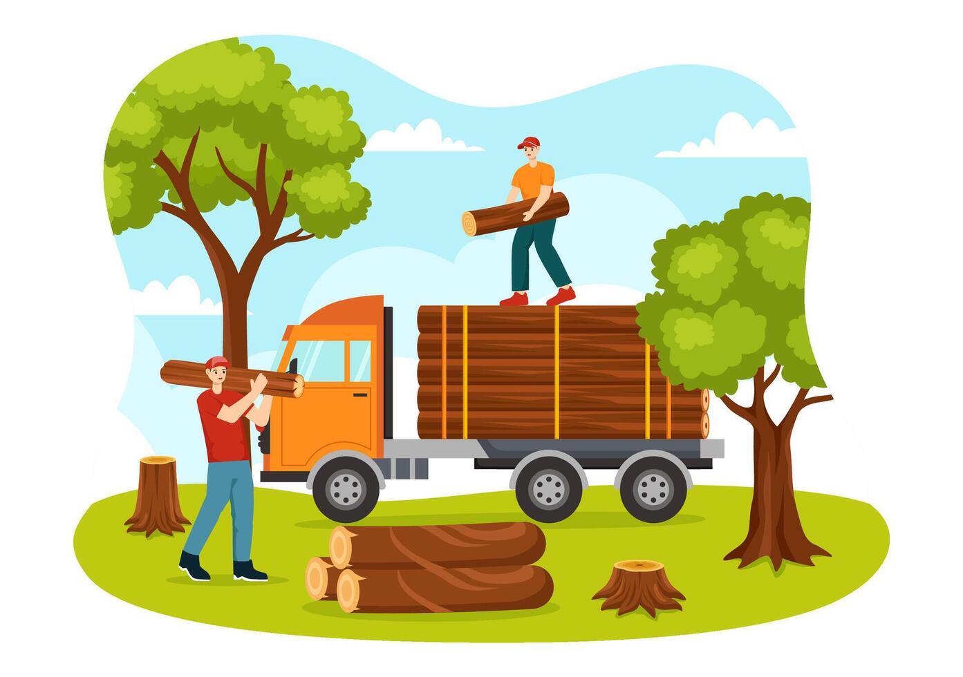 timmer vektor illustration med man hackning trä och träd med skogsarbetare arbete Utrustning maskineri eller motorsåg på skog i platt tecknad serie bakgrund