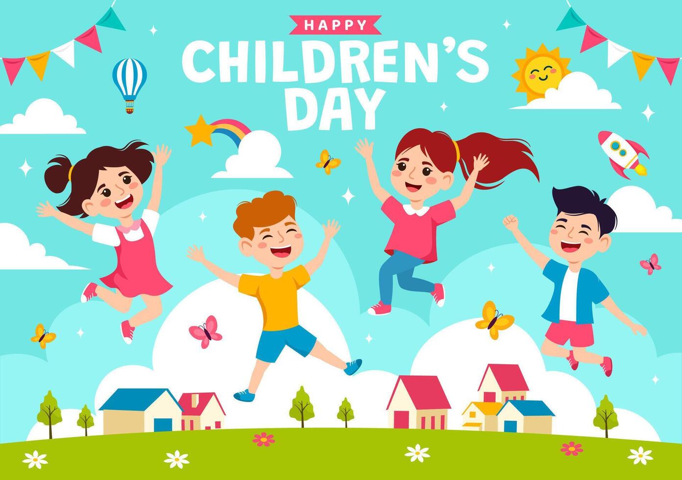 glücklich Kinder- Tag Vektor Illustration mit Kinder Zusammengehörigkeit im Kinder Feier Karikatur hell Himmel Blau Hintergrund und Grün Feld Design