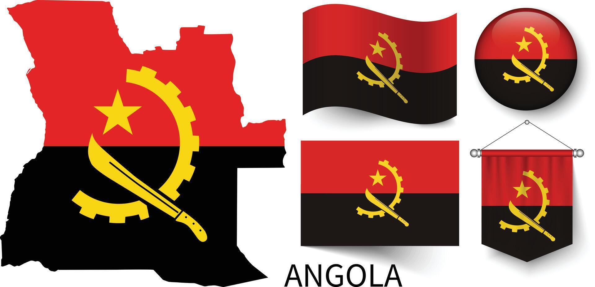 de olika mönster av de angola nationell flaggor och de Karta av angolas gränser vektor