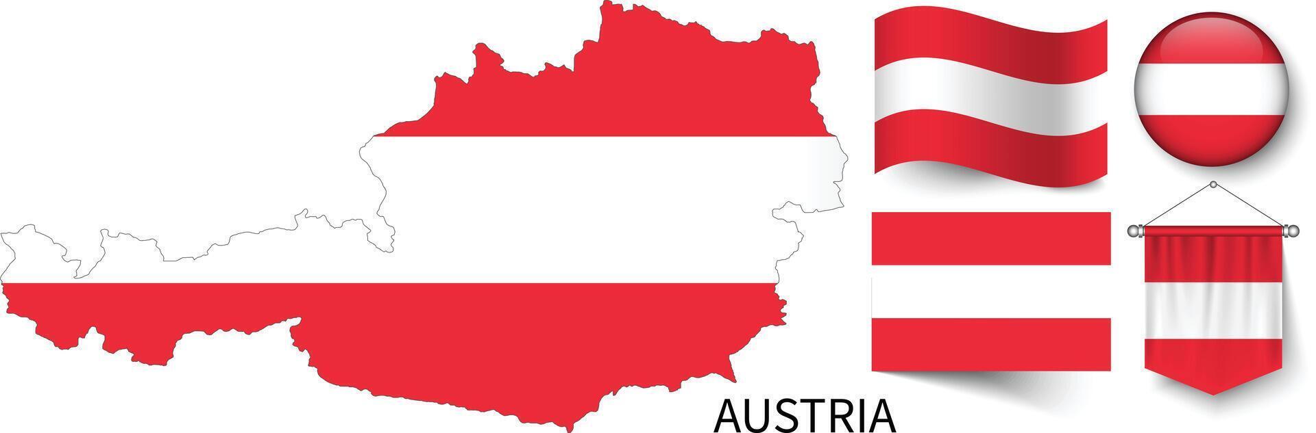 das verschiedene Muster von das Österreich National Flaggen und das Karte von Österreichs Grenzen vektor
