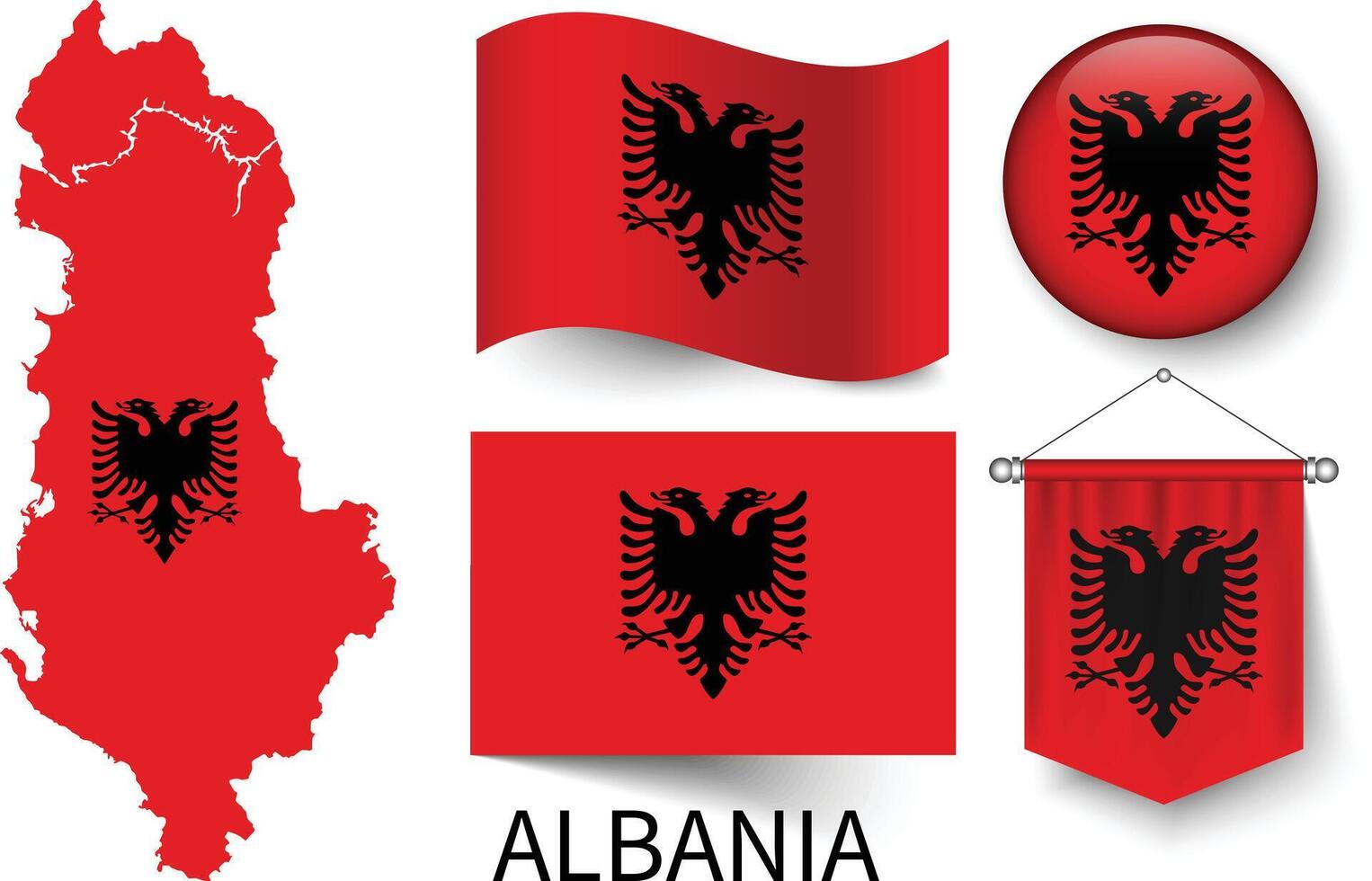 de olika mönster av de albania nationell flaggor och de Karta av Albaniens gränser vektor