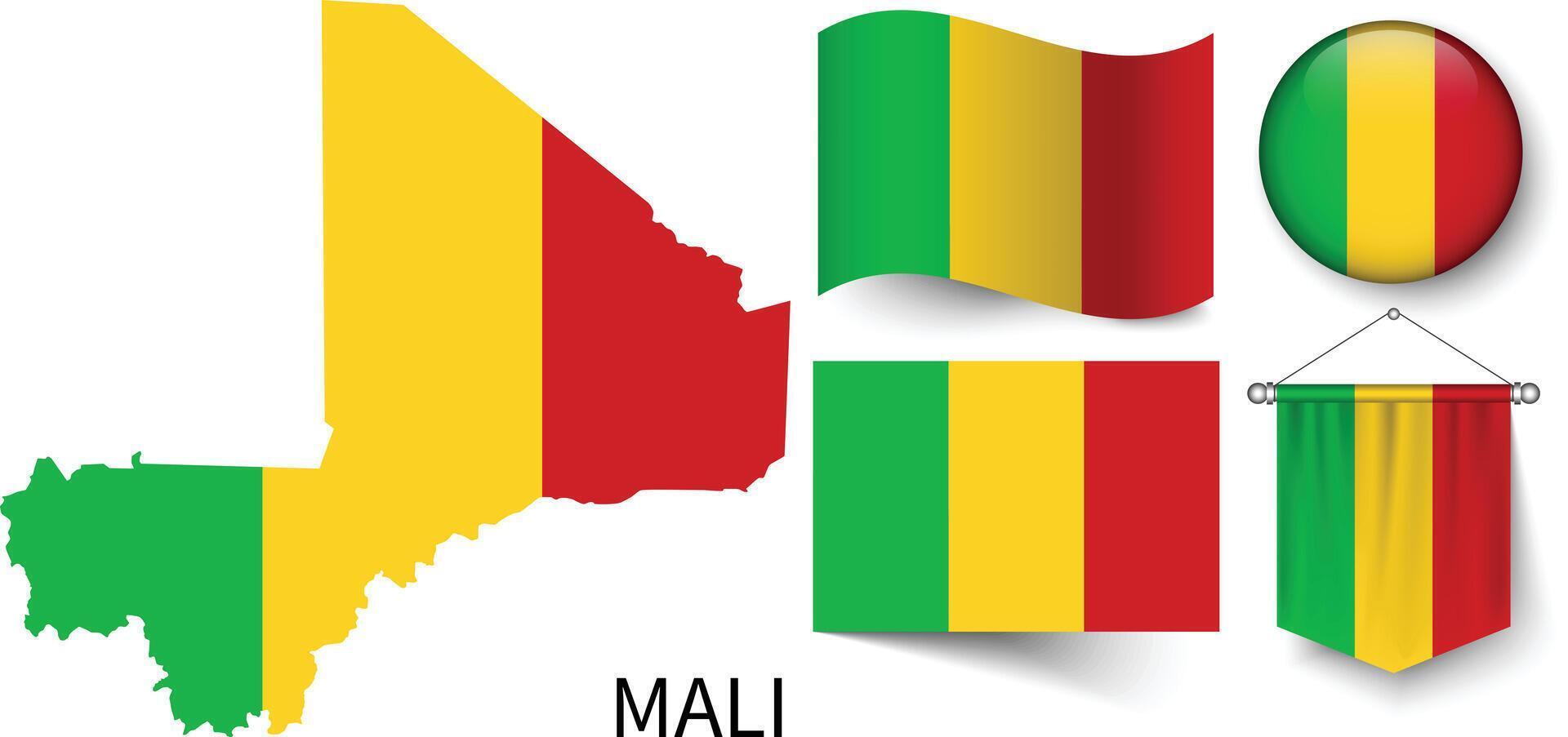 de olika mönster av de mali nationell flaggor och de Karta av mali's gränser vektor