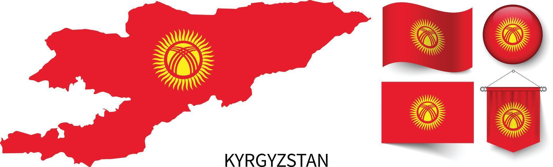 de olika mönster av de kyrgyzstan nationell flaggor och de Karta av Kirgizistan gränser vektor