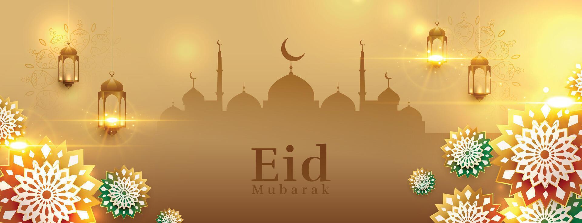 heilig eid Mubarak Festival golden Banner mit Laterne und Arabisch Dekoration vektor