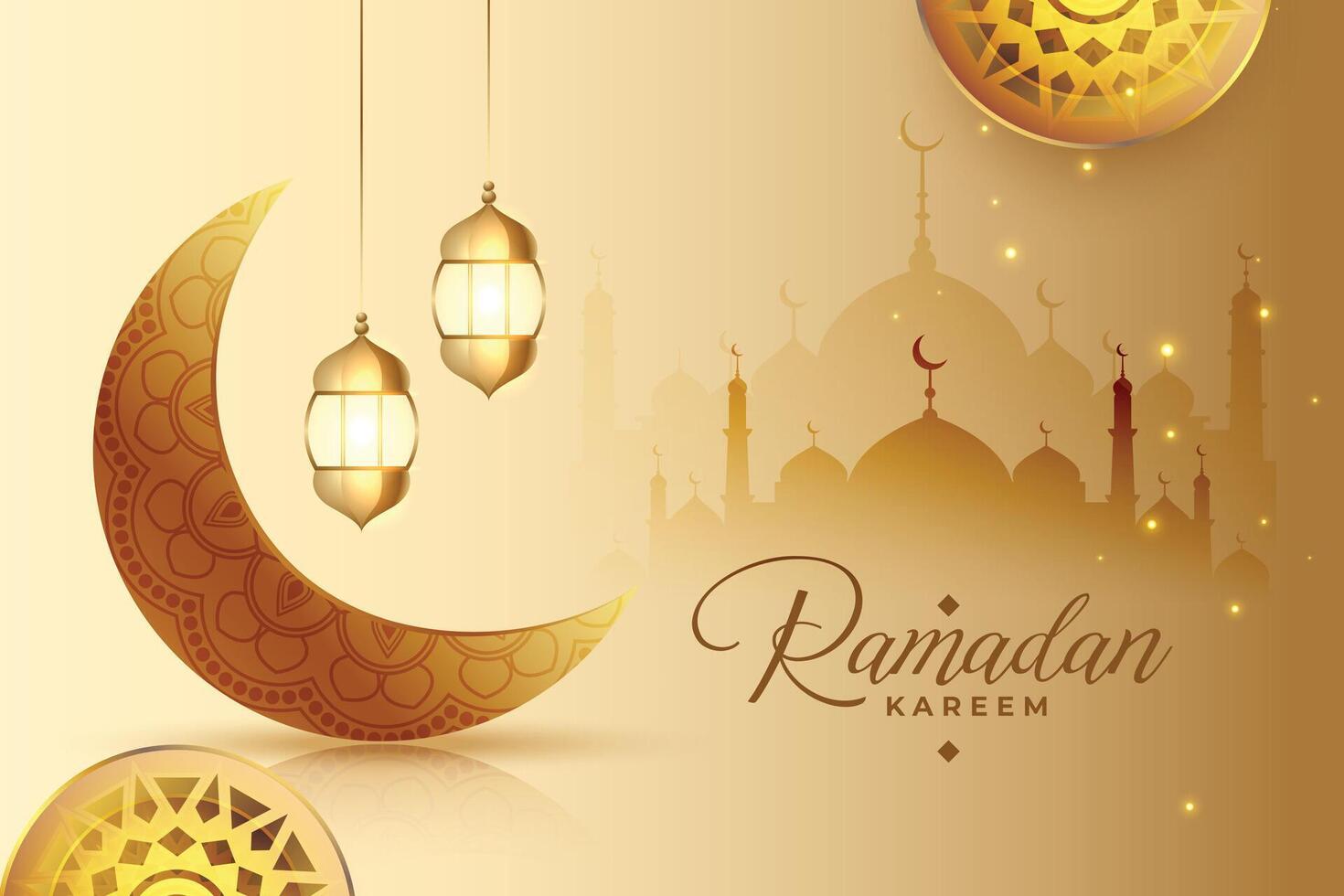 ramadan kareem religiös hälsning med måne lanter och moské dekoration vektor
