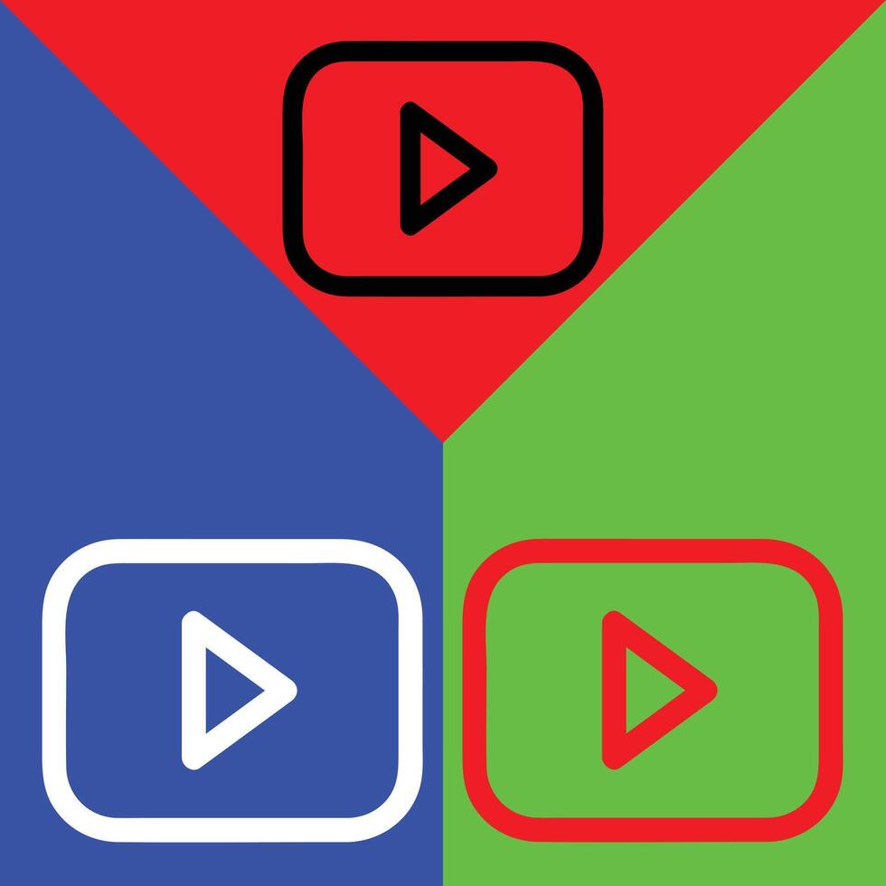 Youtube Vektor Symbol, Gliederung Stil, isoliert auf Rot, Grün und Blau Hintergrund.