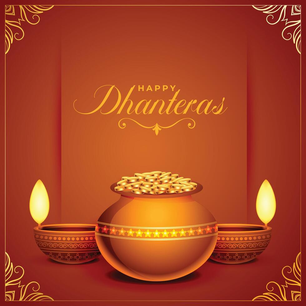 glücklich Dhanteras Festival Karte mit golden Münze Topf und Öl Diya vektor