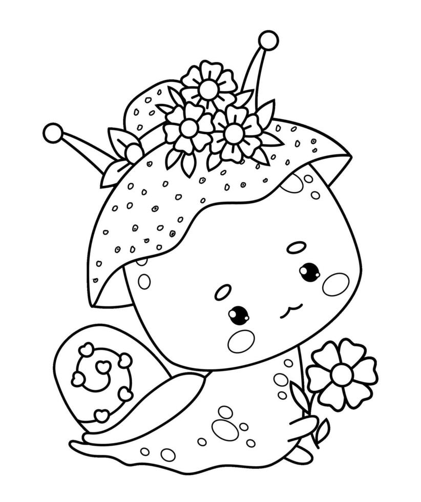 söt snigel flicka i hatt med blommor. rolig insekt söt karaktär. linje teckning, färg bok. barn samling. vektor illustration.