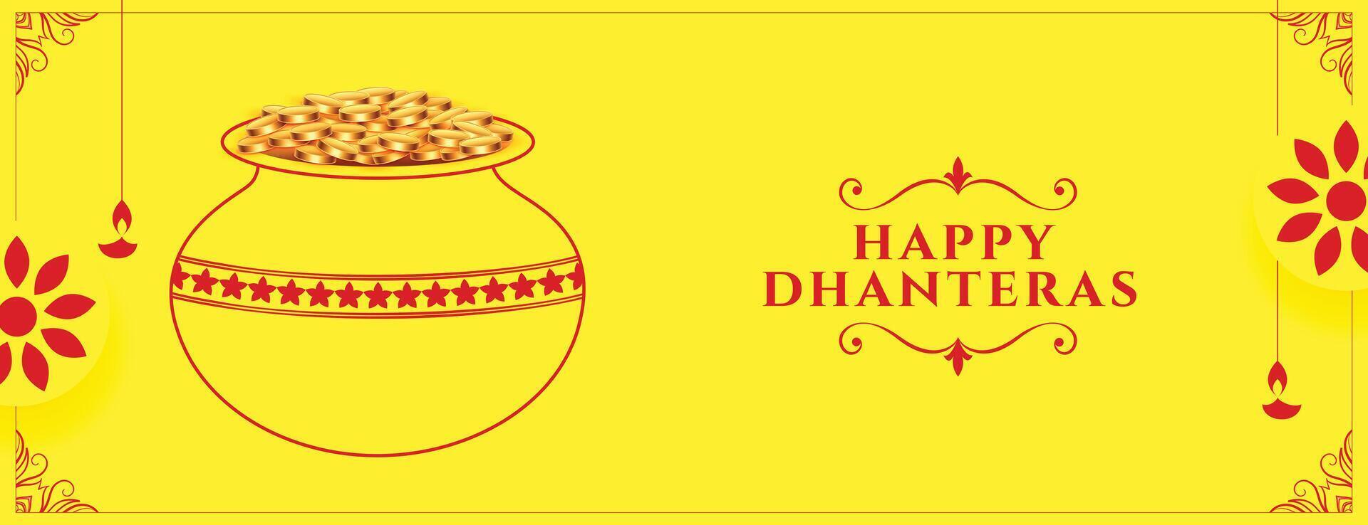 indisch Festival glücklich Dhanteras wünscht sich Banner mit Kalasha und Gold Münze vektor