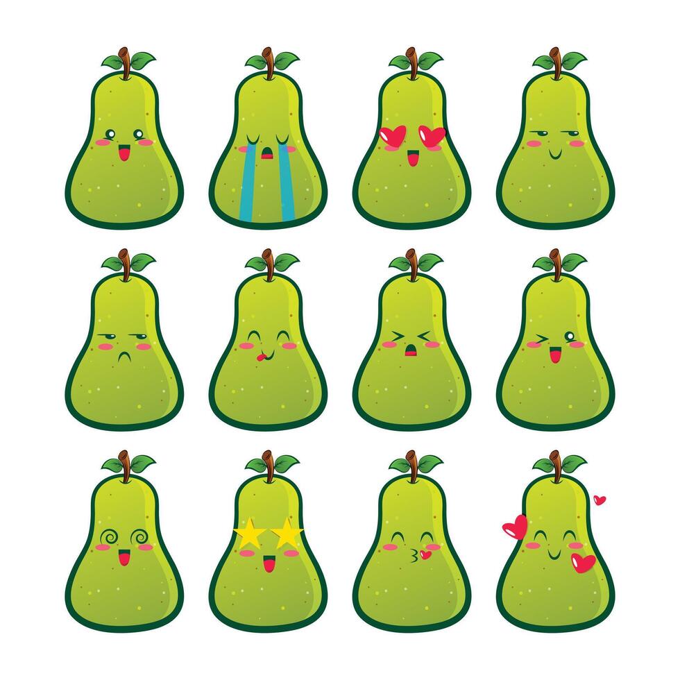 einstellen Birne Symbole Emojis. Sammlung von Obst Emoticons im Karikatur Stil isoliert auf Weiß Hintergrund, Vektor Illustration
