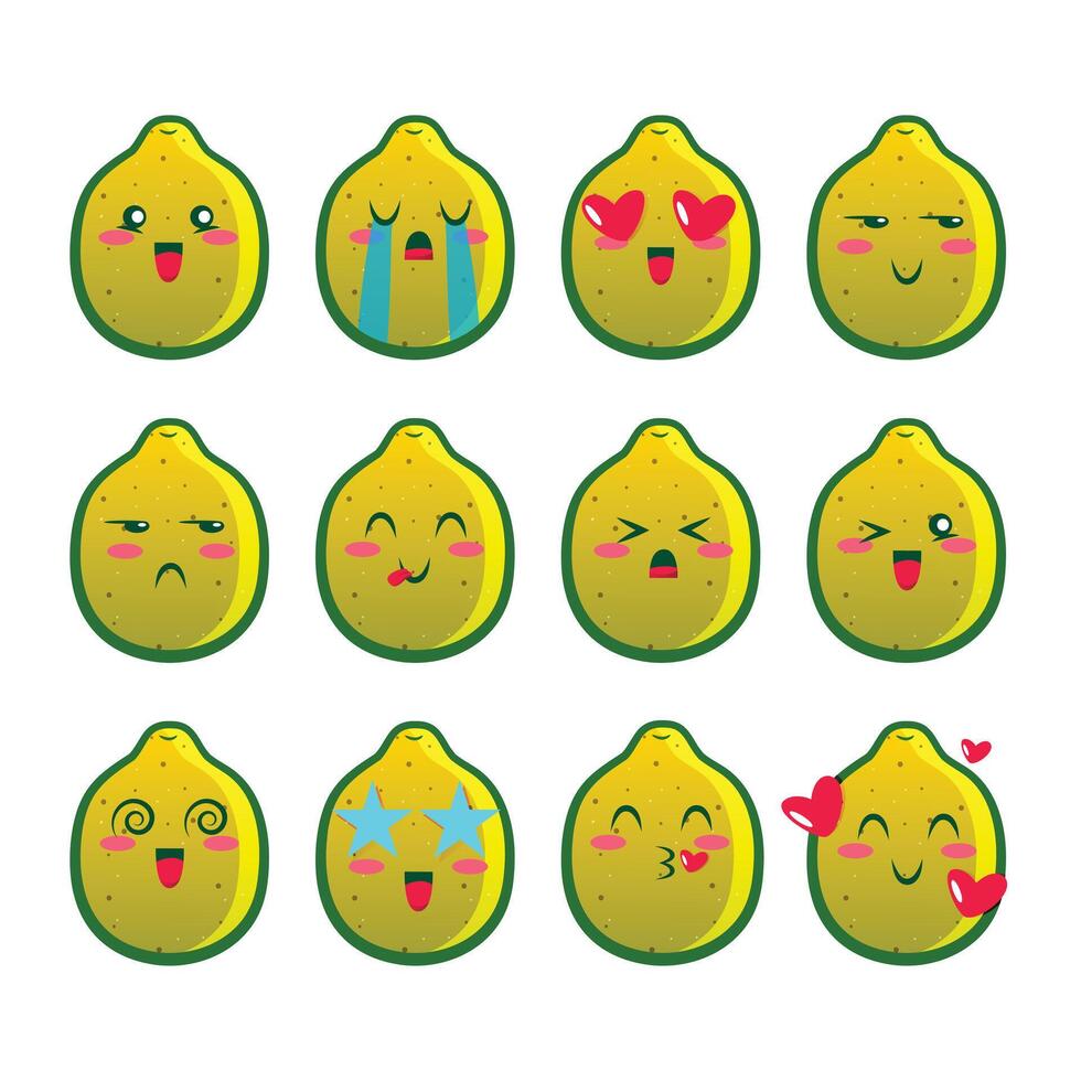 einstellen sizilianisch Zitrone Symbole Emojis. Sammlung von Emoticons im Karikatur Stil isoliert auf Weiß Hintergrund, Vektor Illustration