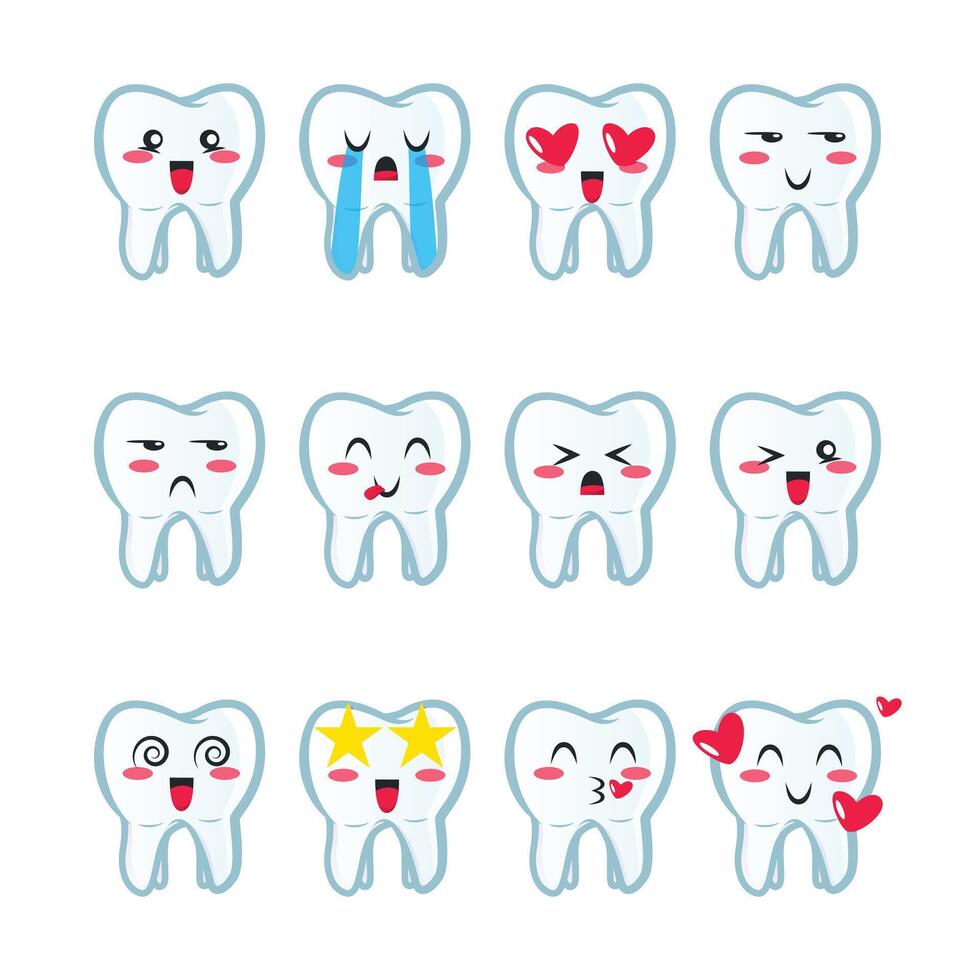 einstellen Zahn Emojis Sammlung von Emoticons im Karikatur Stil isoliert auf Weiß Hintergrund, Vektor Illustration