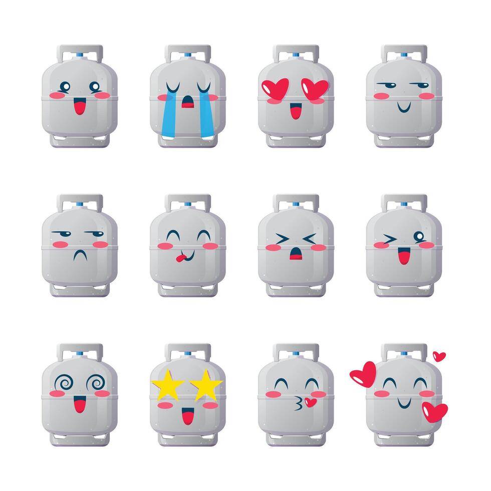 uppsättning lpg gas cylinder ikoner emojis. samling av uttryckssymboler i tecknad serie stil isolerat på vit bakgrund, vektor illustration